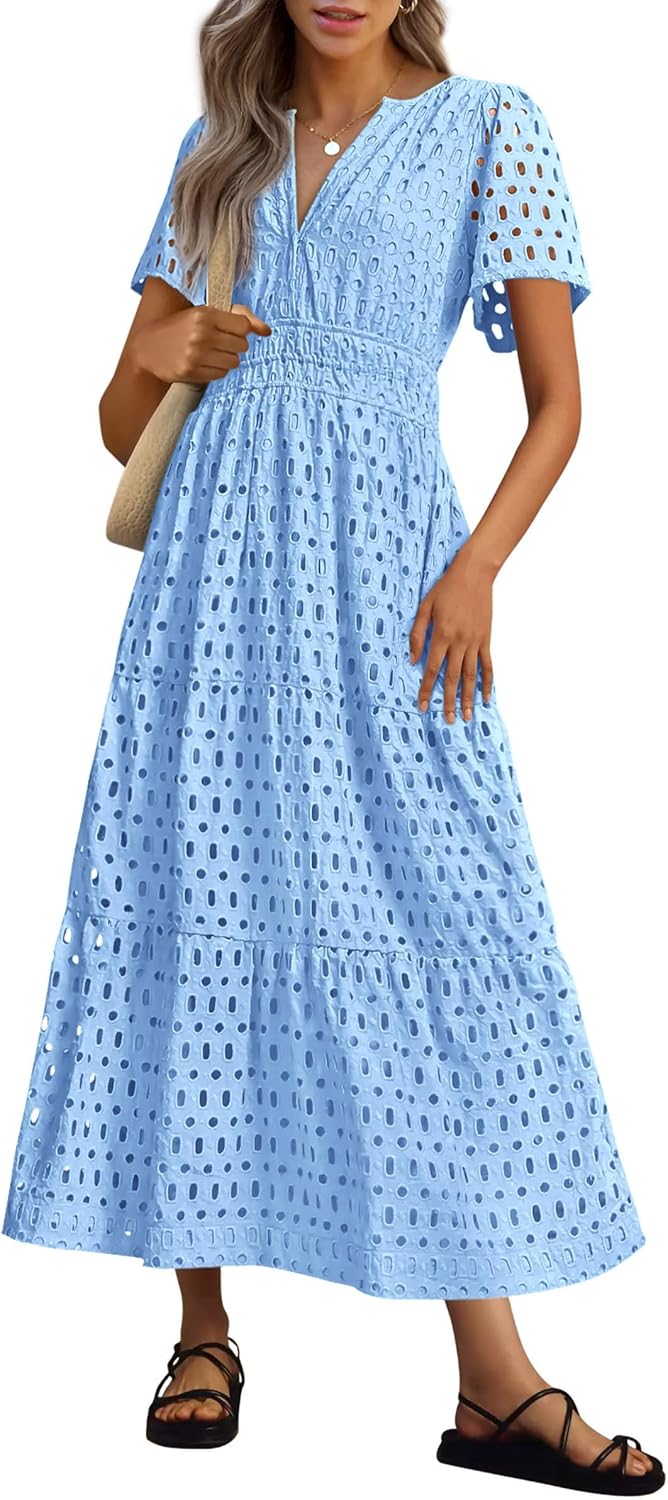NEW 🔥Womens 2026 Summer Maxi Dress Short Sleeve V Neck Hollow Out Eyelet A Line Dresses