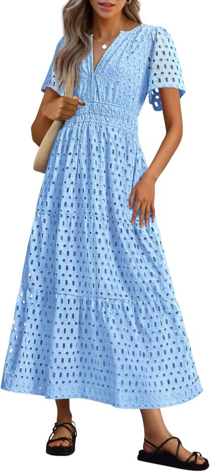 NEW 🔥Womens 2026 Summer Maxi Dress Short Sleeve V Neck Hollow Out Eyelet A Line Dresses