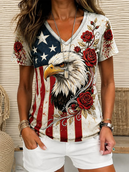 Summer Small V-neck Long-sleeved Floral Print Simple Casual Elegant T-shirt