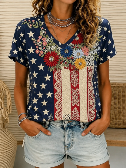 Summer Small V-neck Long-sleeved Floral Print Simple Casual Elegant T-shirt