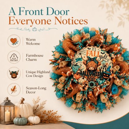 🐮🍂 Highland Cow Fall Wreath – Cozy Autumn & Halloween Door Decor 🚪🎁