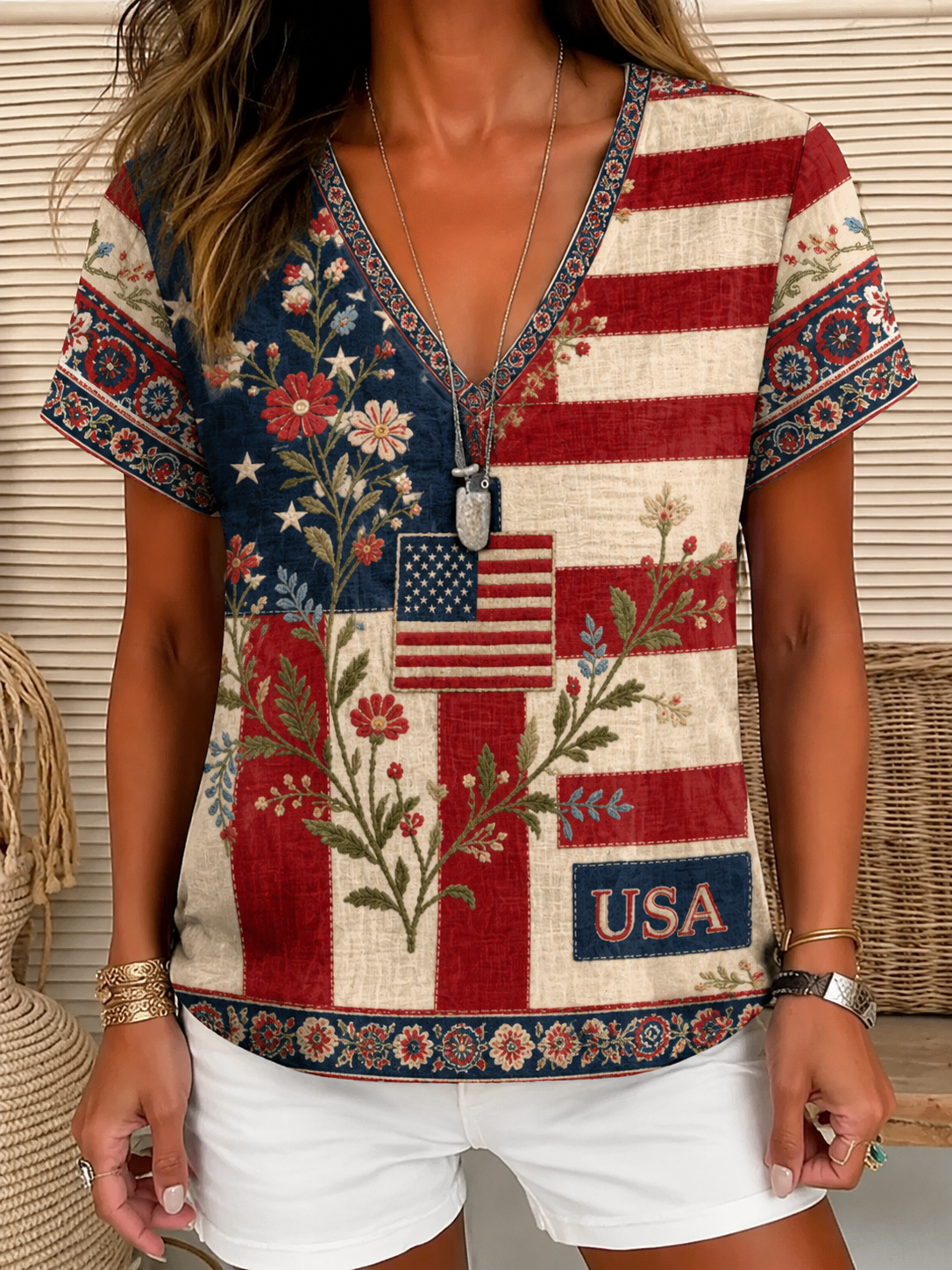Summer Small V-neck Long-sleeved Floral Print Simple Casual Elegant T-shirt