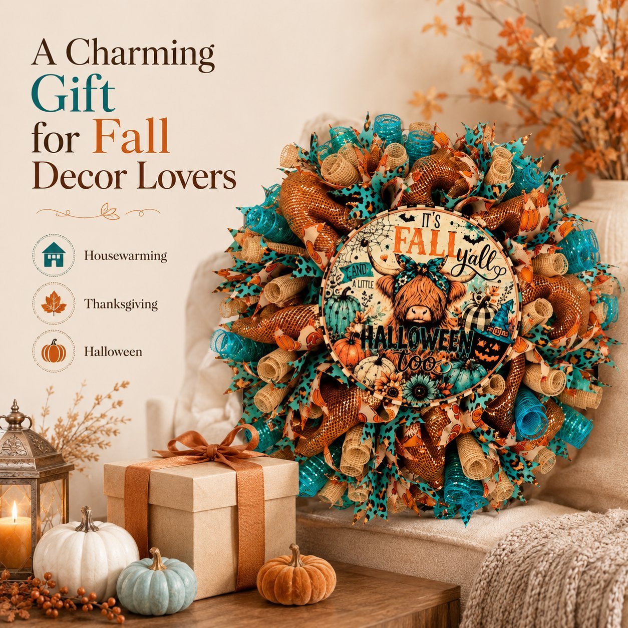 🐮🍂 Highland Cow Fall Wreath – Cozy Autumn & Halloween Door Decor 🚪🎁