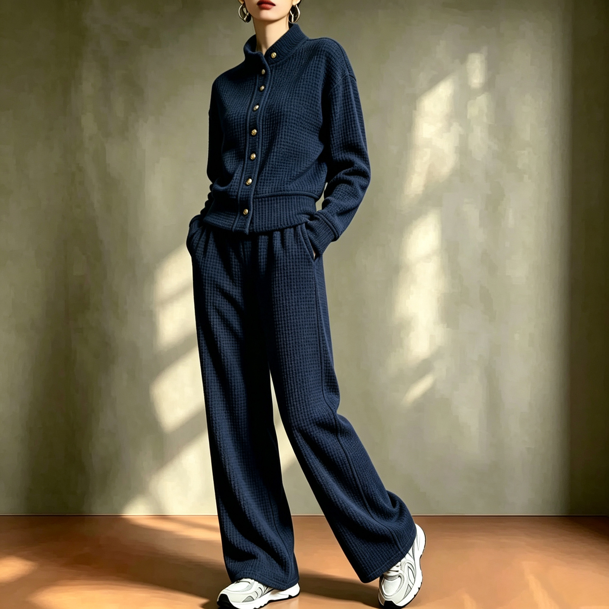 Waffle stand-up collar gold button loose wide-leg casual pants suit
