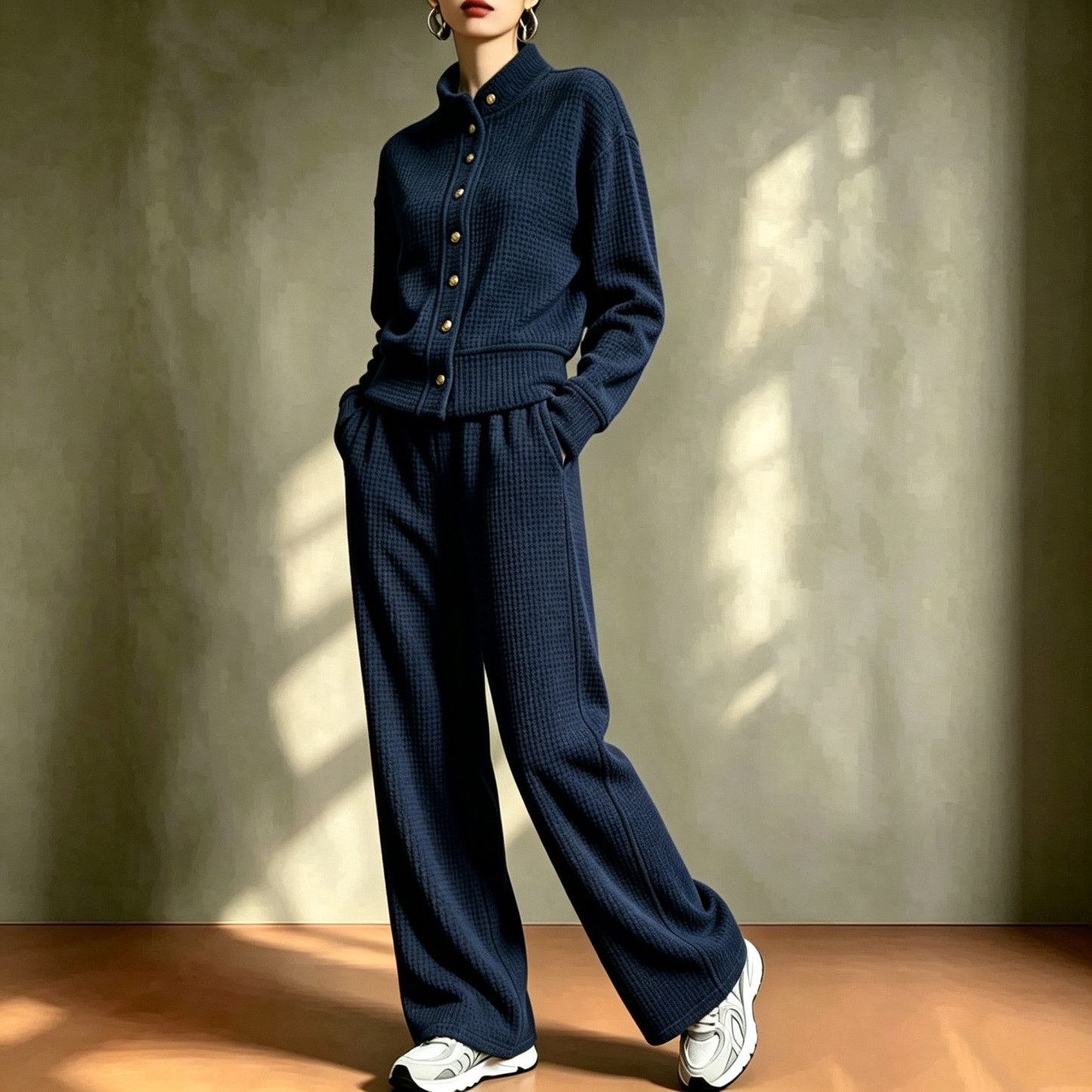 Waffle stand-up collar gold button loose wide-leg casual pants suit