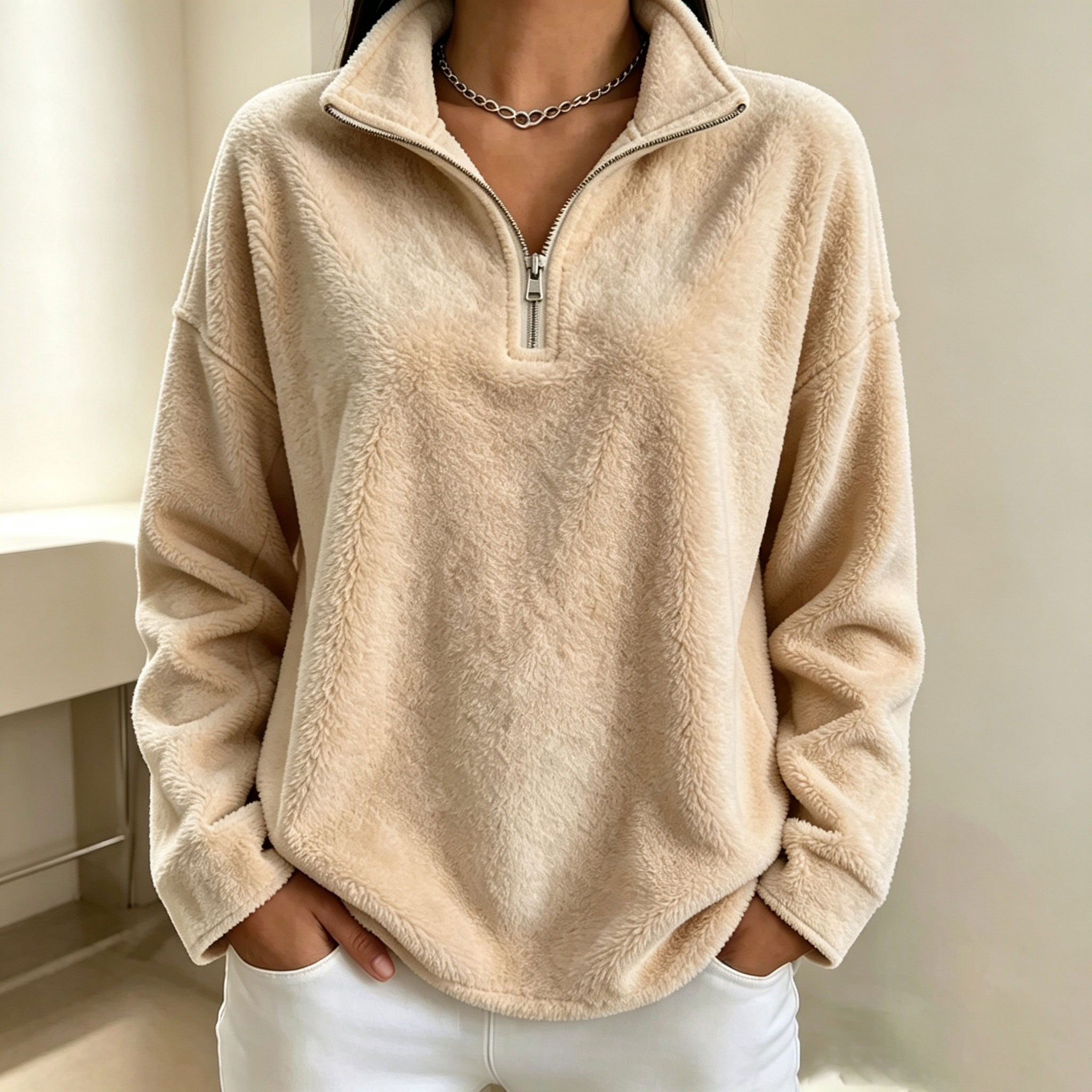 Women's half-zip fleece pullover sweatshirt, suitable for autumn and winter wear.
