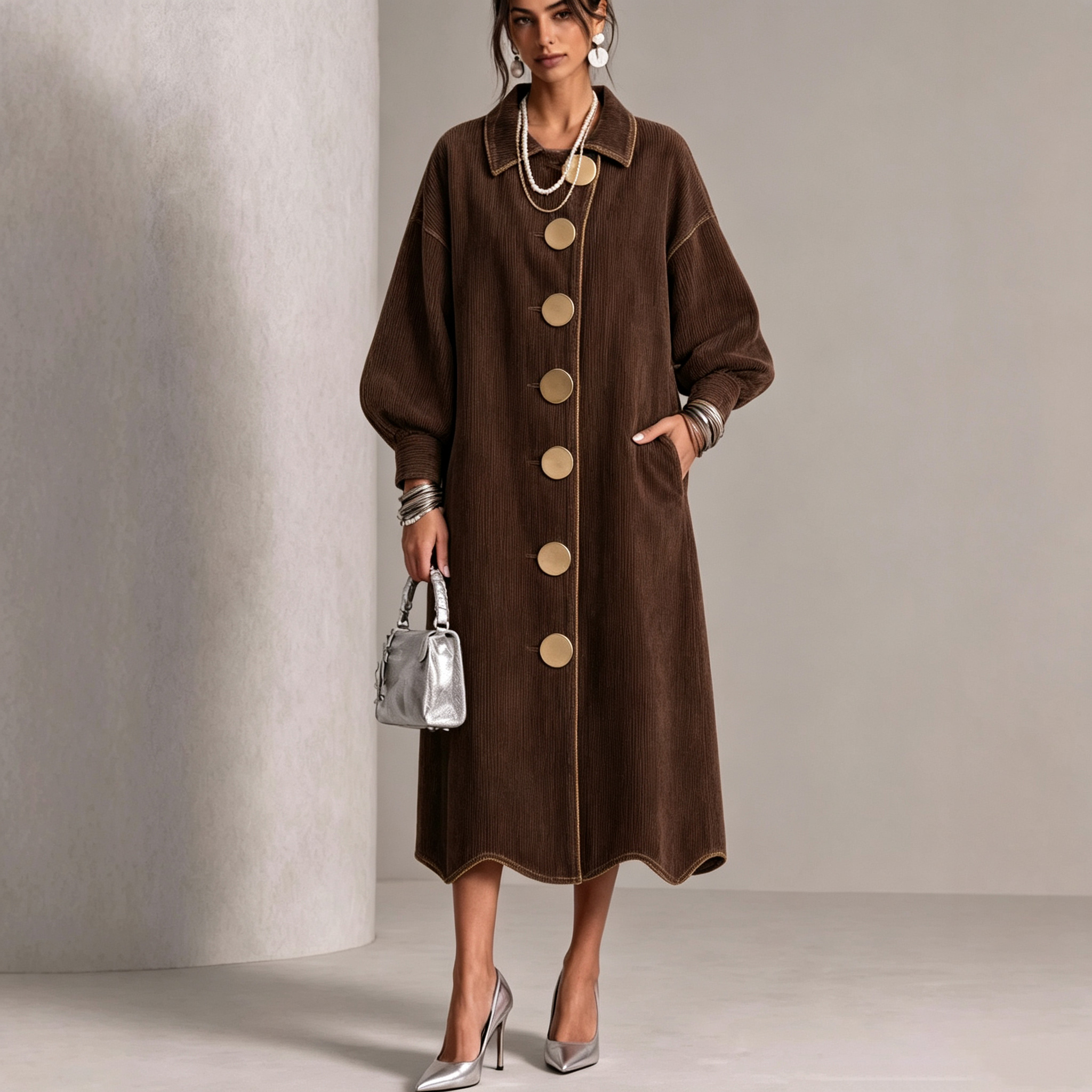 Lapel Gold‑button Balloon‑sleeve Wave‑hem Denim Dress