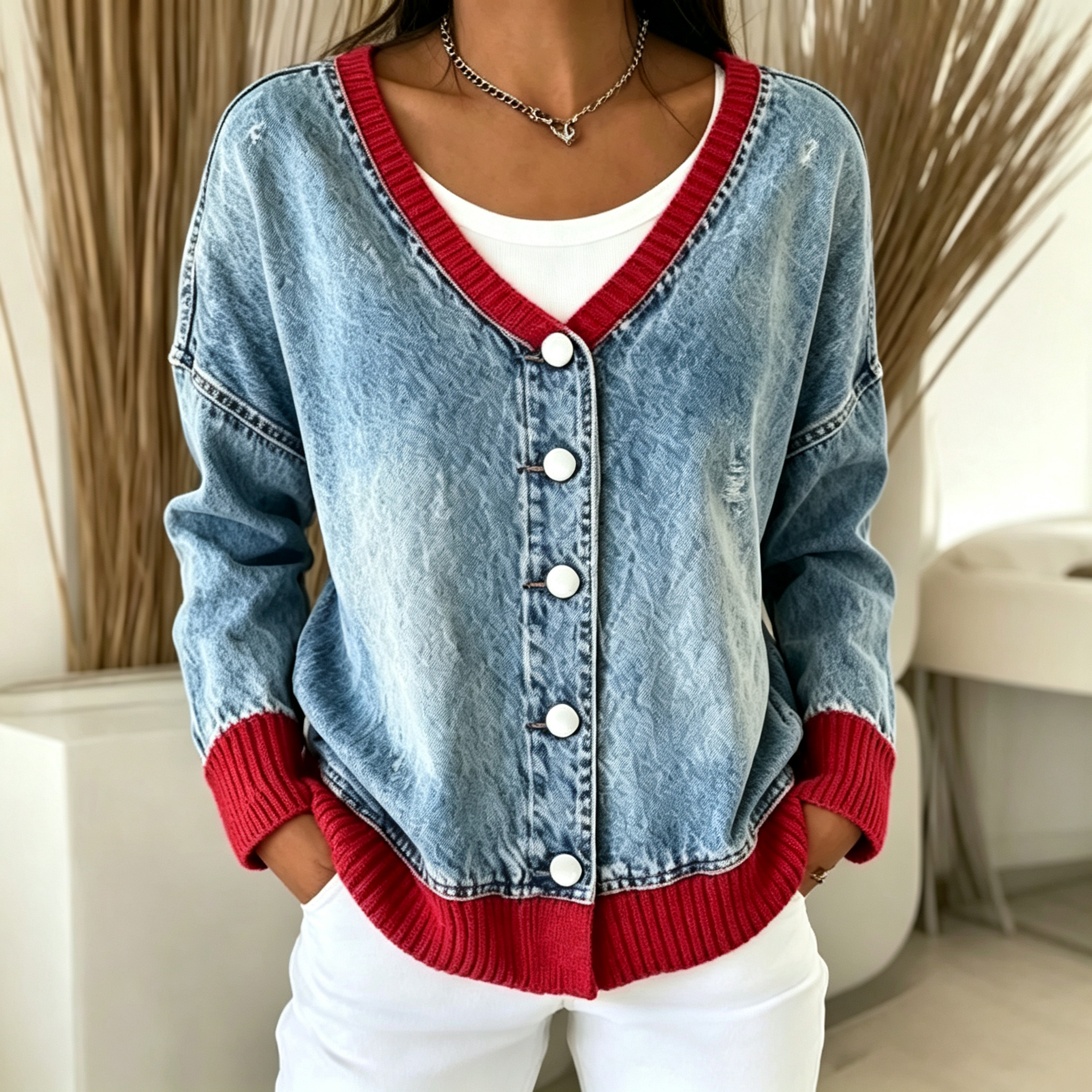 V-neck single-breasted denim cardigan with patchwork sweater trim