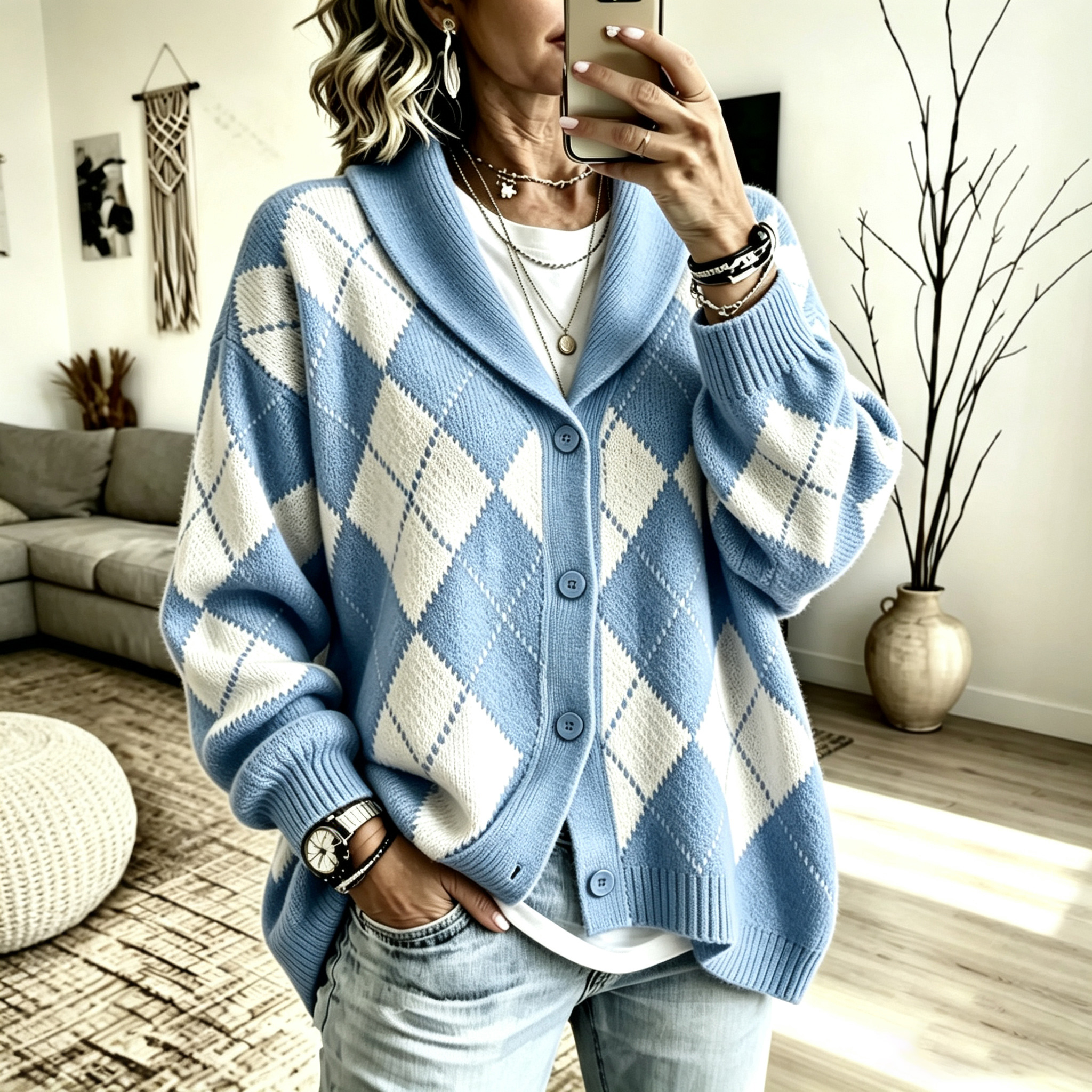 Women's suit collar diamond check button cardigan