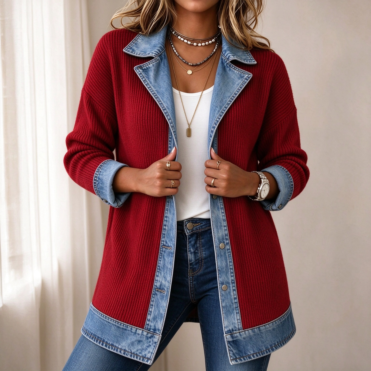 Elegant Mixed Media Denim Knit Cardigan Open Front Lapel Sweater Coat Mid Length Comfort Fit Outerwear