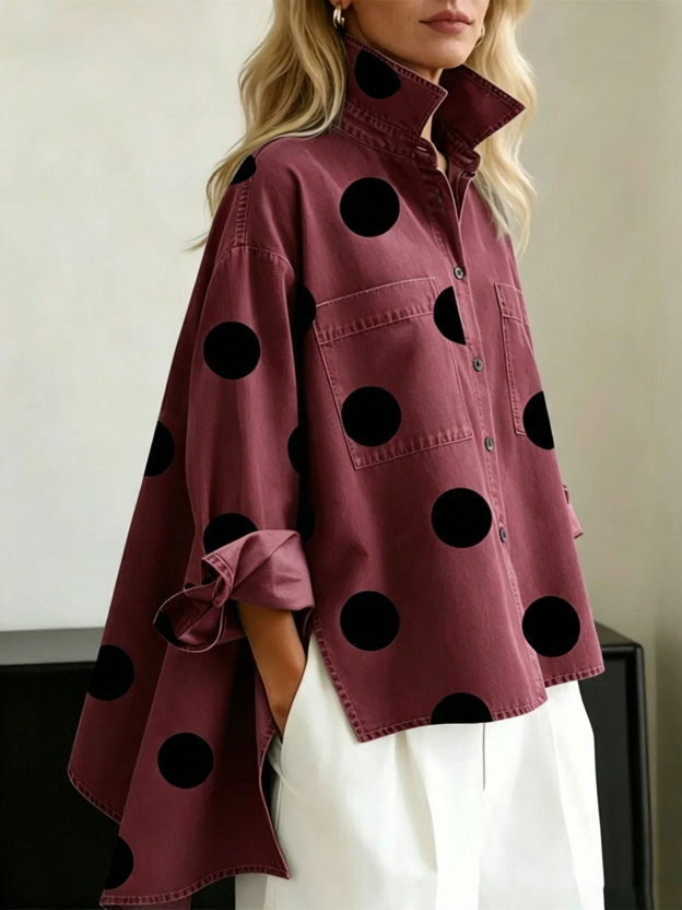 Casual Stand-collar Irregular Hem Denim Shirt Top