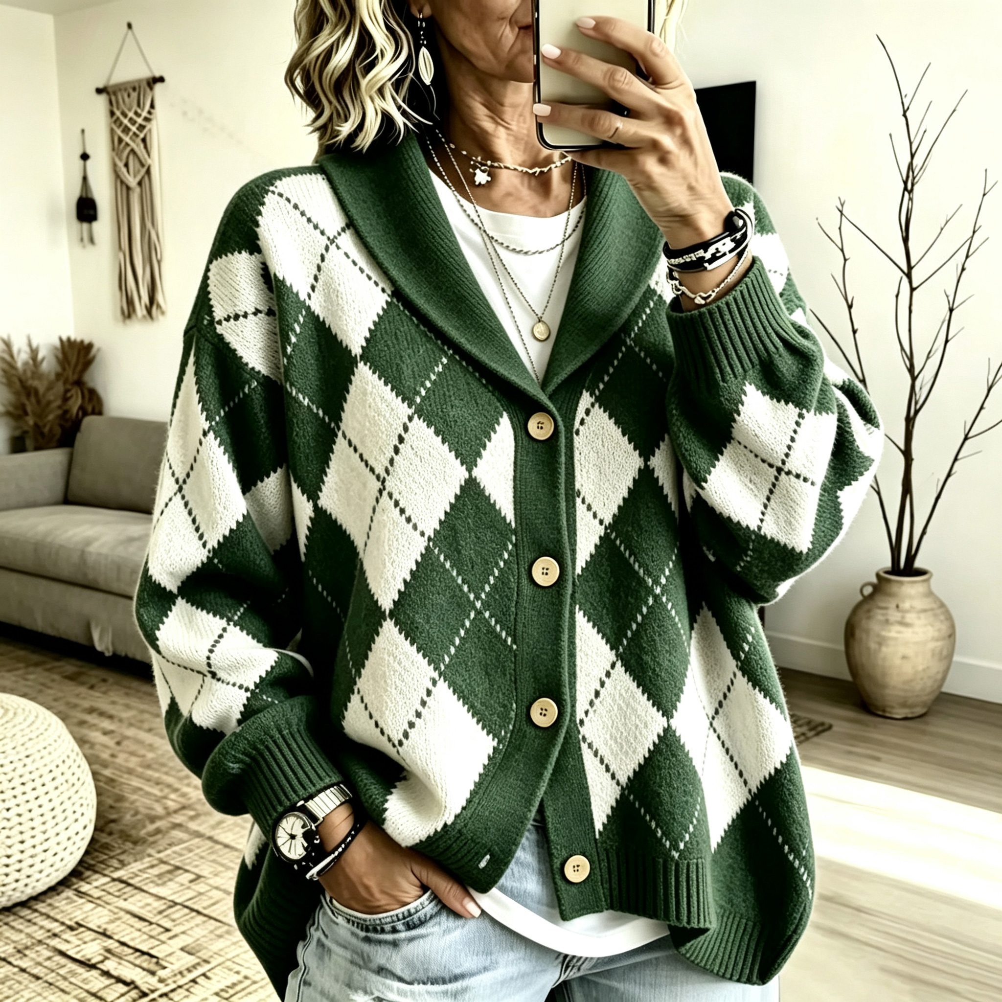 Women's suit collar diamond check button cardigan