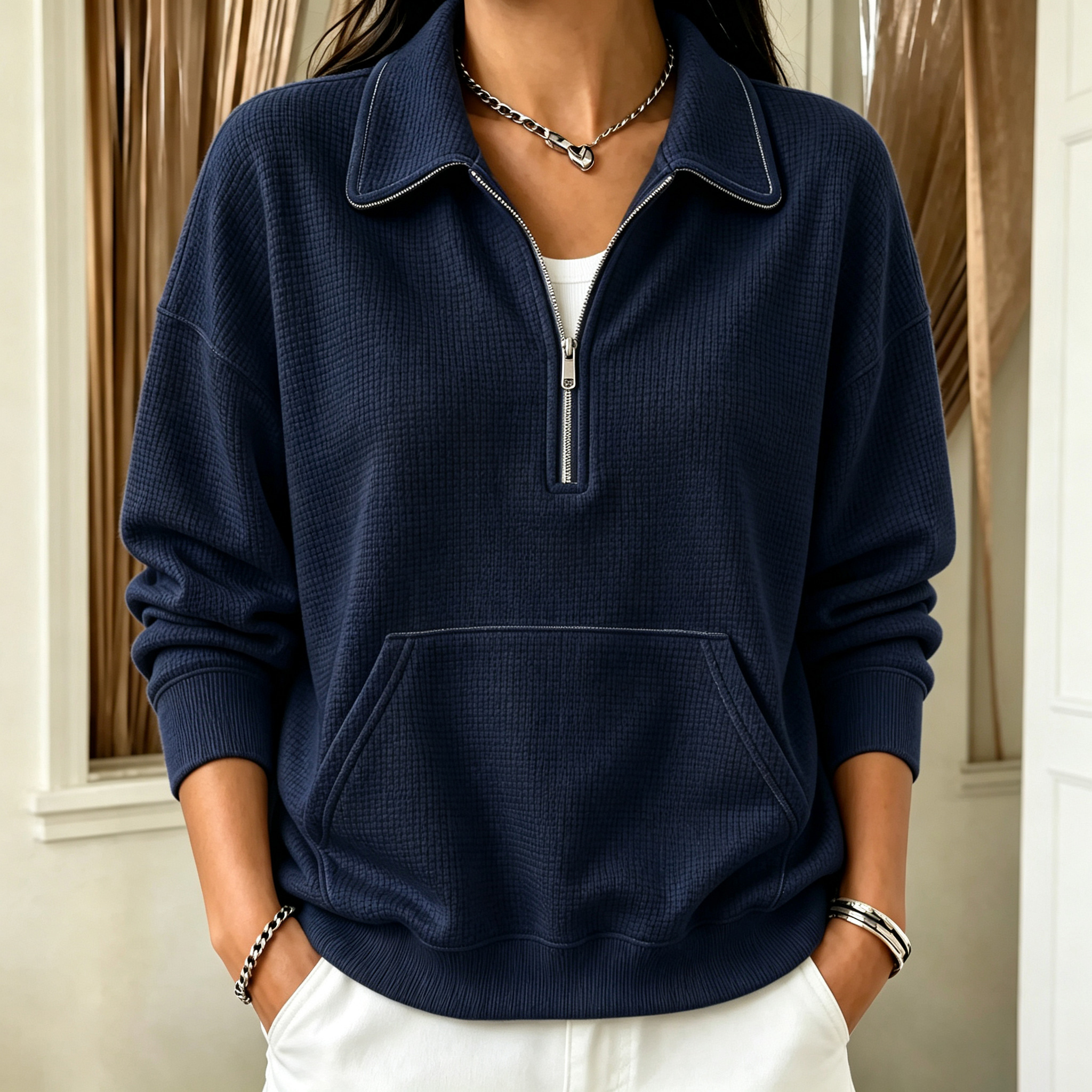 Women's polo collar button pocket loose casual pullover top