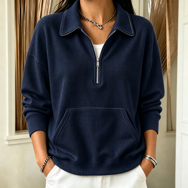 Women's polo collar button pocket loose casual pullover top
