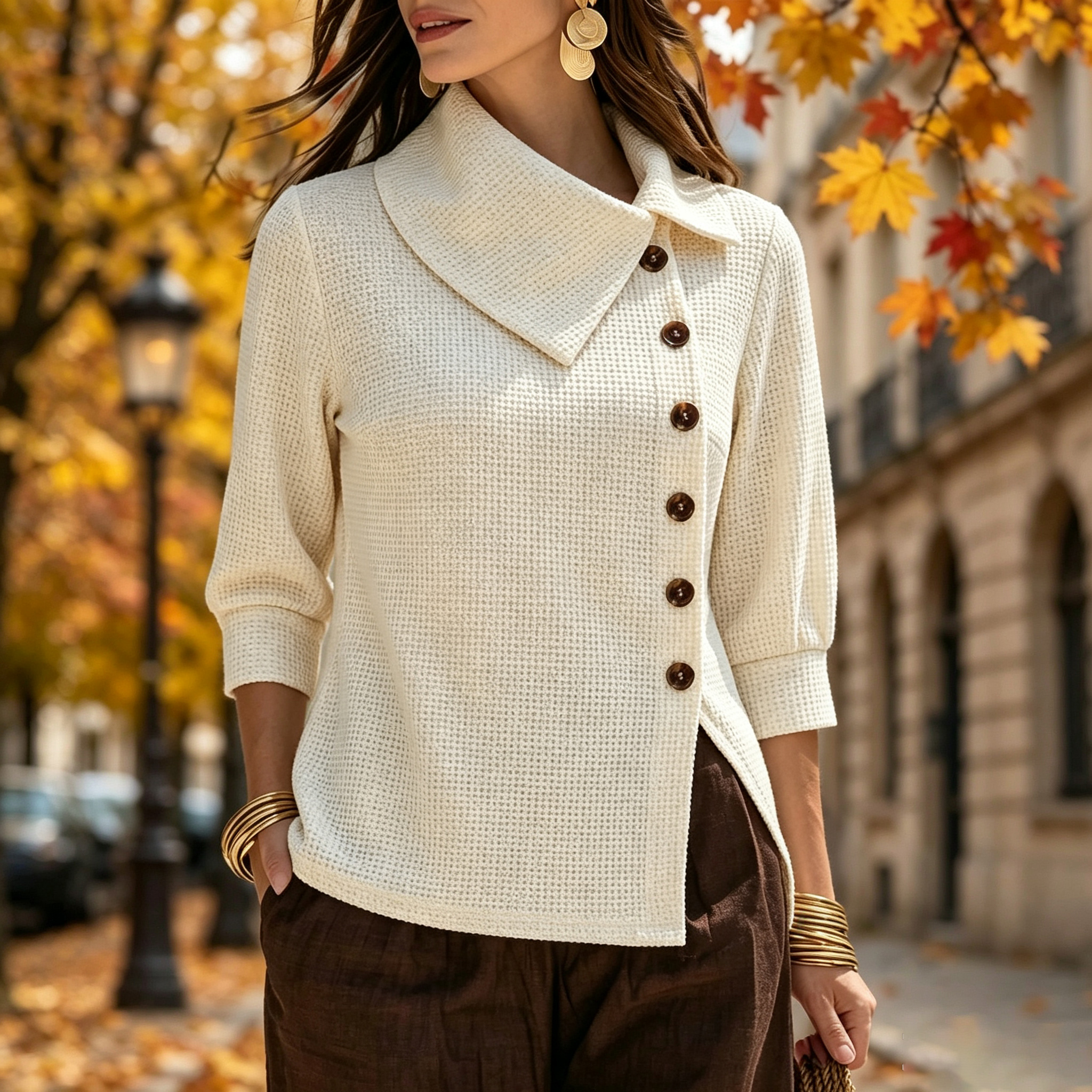Women's waffle-knit collared, diagonal button-down, three-quarter sleeve top
