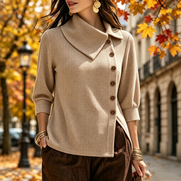 Women's waffle-knit collared, diagonal button-down, three-quarter sleeve top
