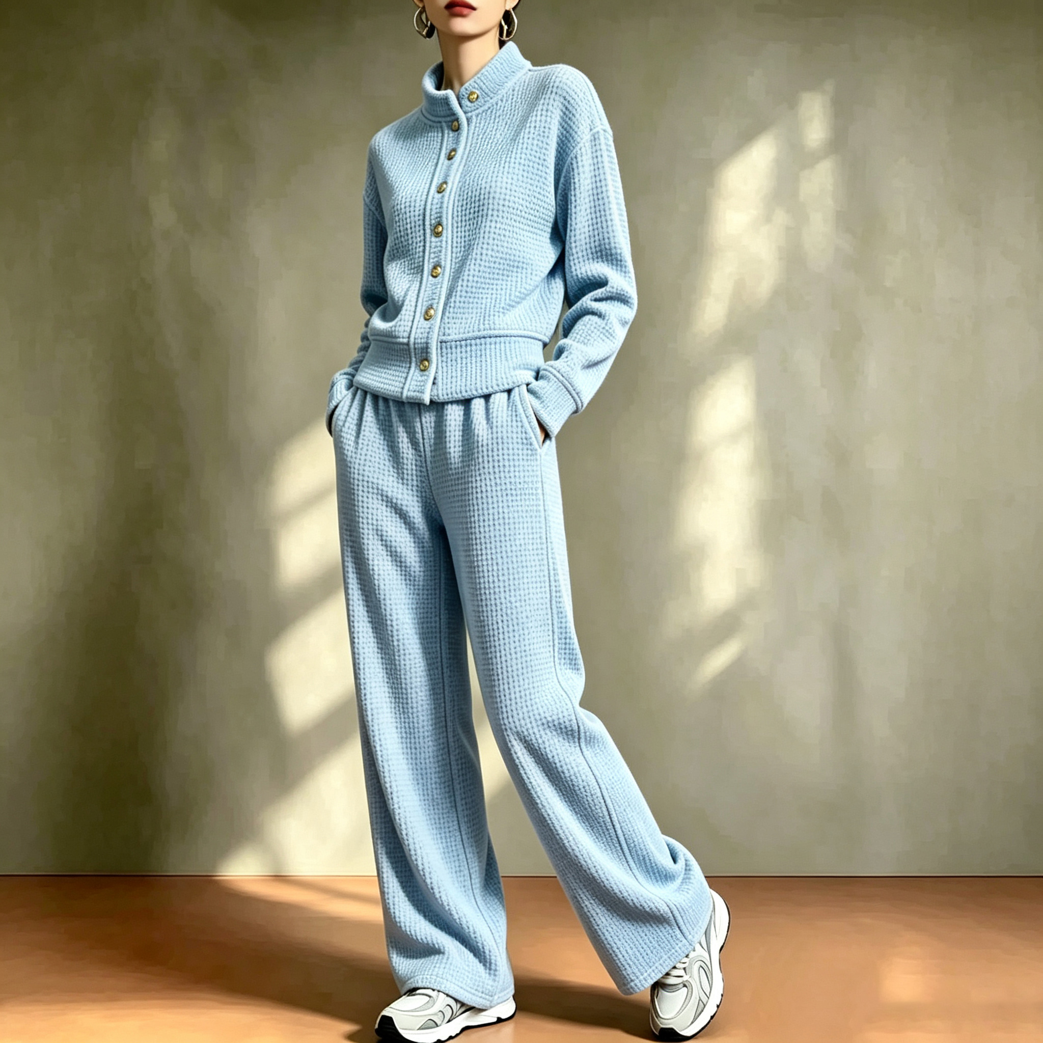 Waffle stand-up collar gold button loose wide-leg casual pants suit