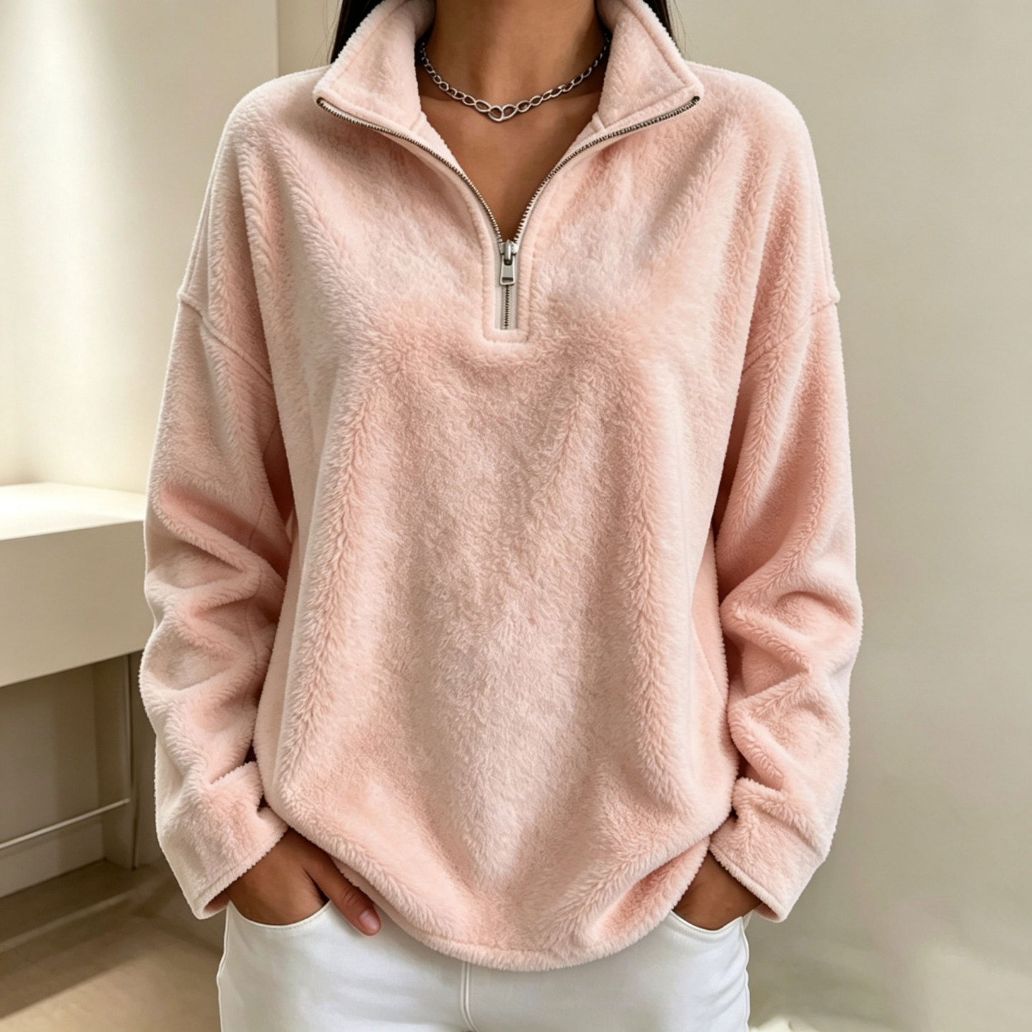 Women's half-zip fleece pullover sweatshirt, suitable for autumn and winter wear.