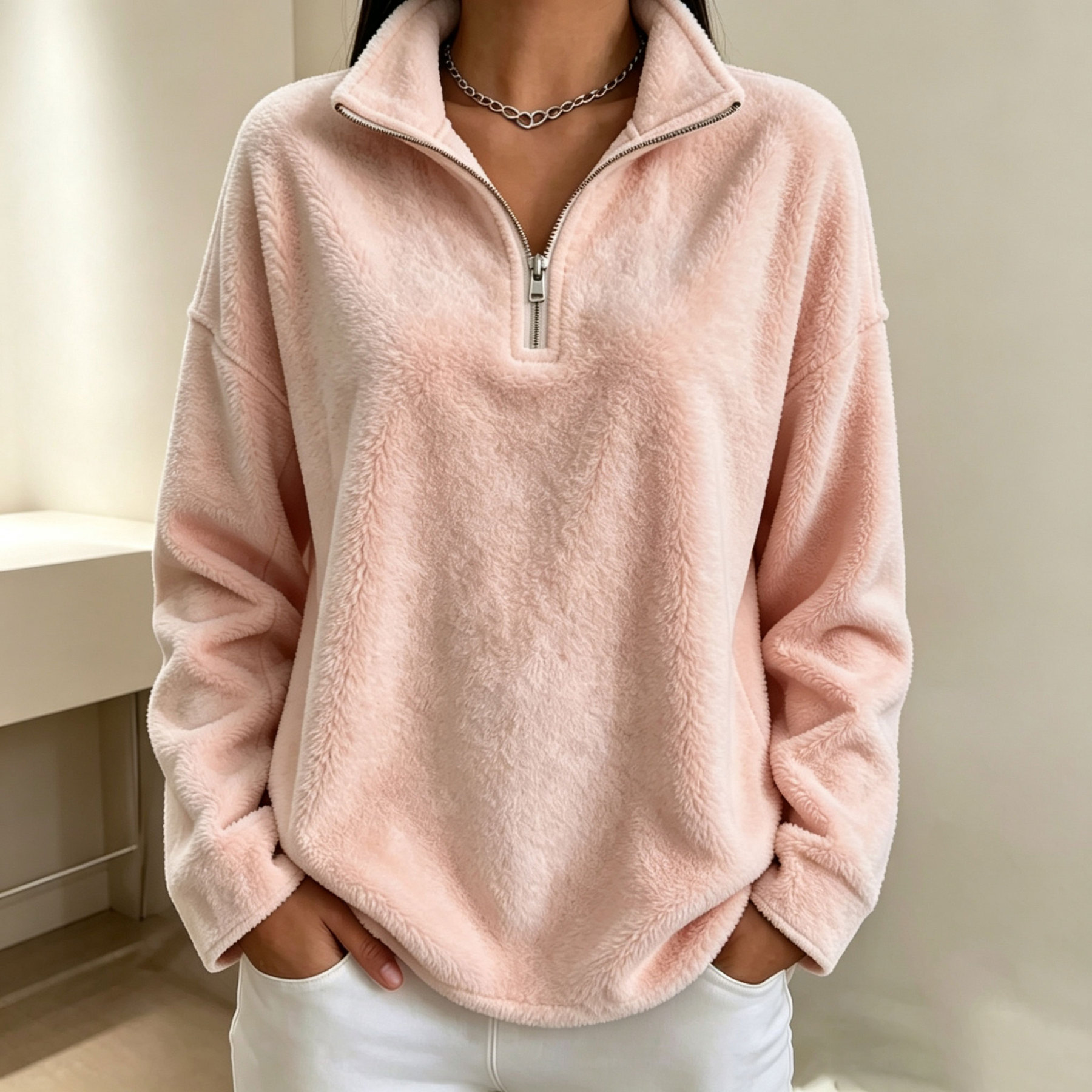 Women's half-zip fleece pullover sweatshirt, suitable for autumn and winter wear.