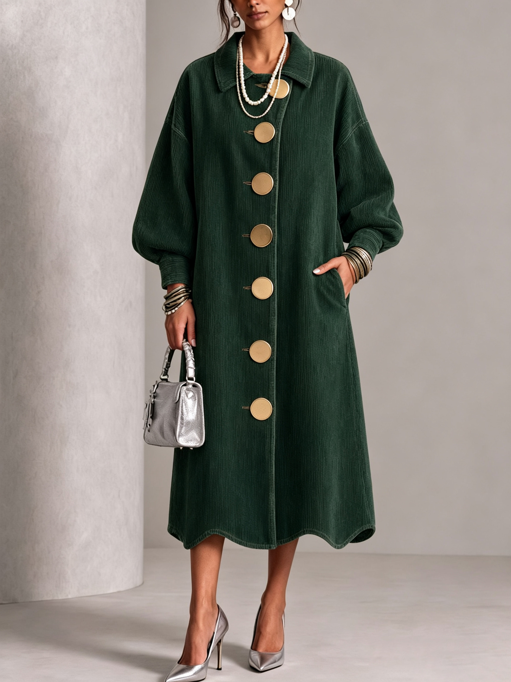 Lapel Gold‑button Balloon‑sleeve Wave‑hem Denim Dress