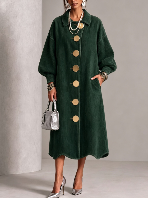 Lapel Gold‑button Balloon‑sleeve Wave‑hem Denim Dress
