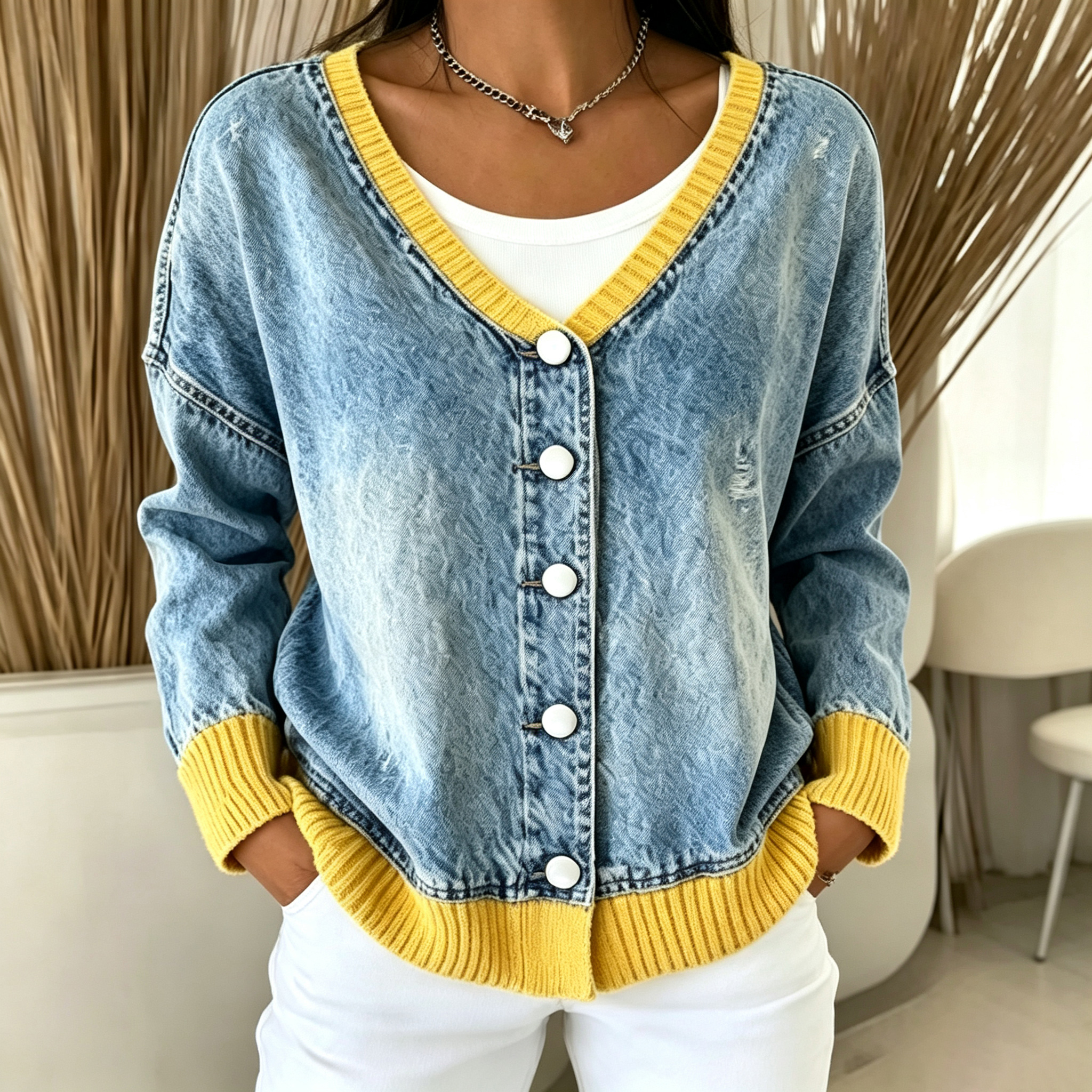 V-neck single-breasted denim cardigan with patchwork sweater trim