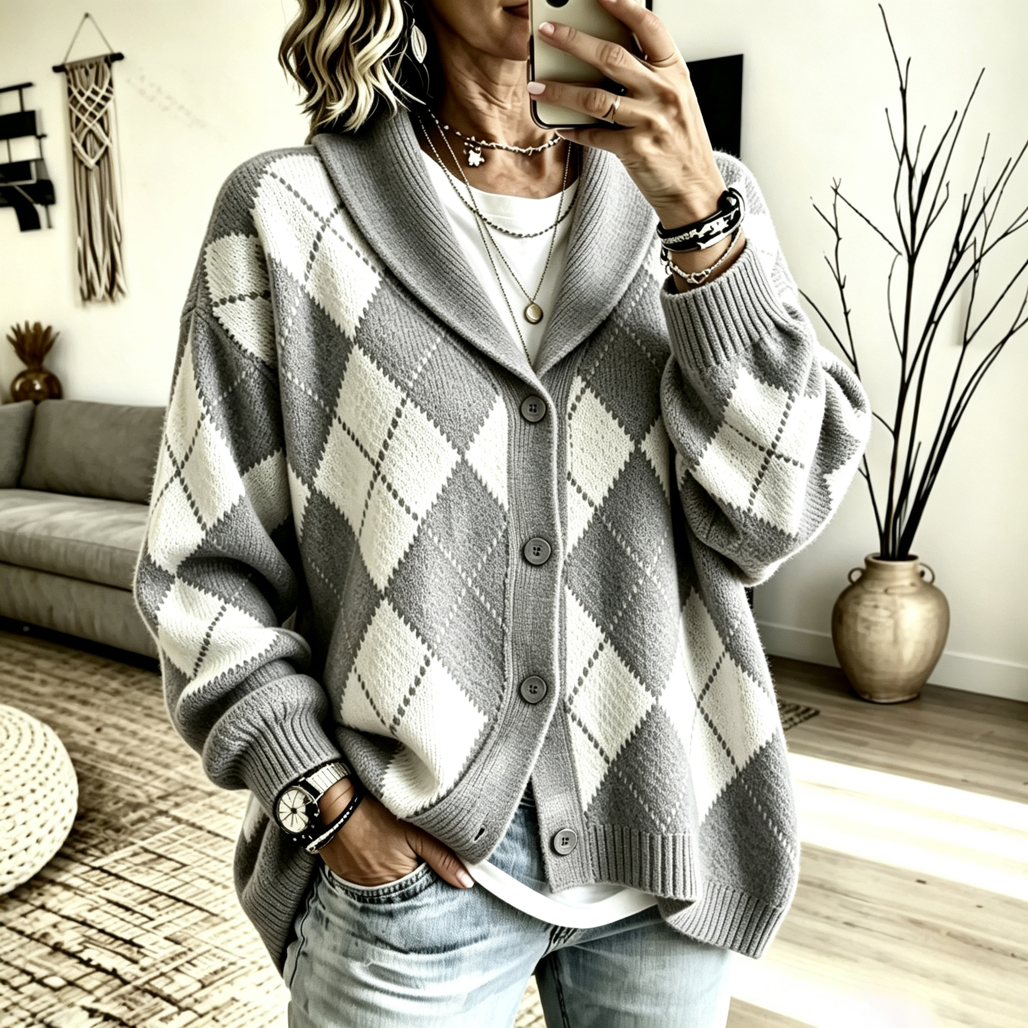 Women's suit collar diamond check button cardigan