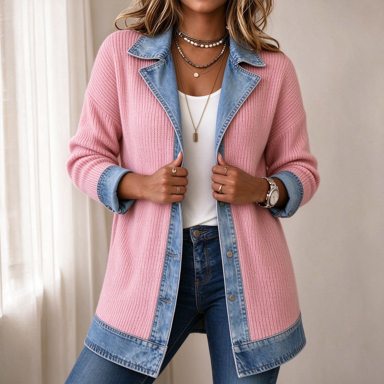 Elegant Mixed Media Denim Knit Cardigan Open Front Lapel Sweater Coat Mid Length Comfort Fit Outerwear