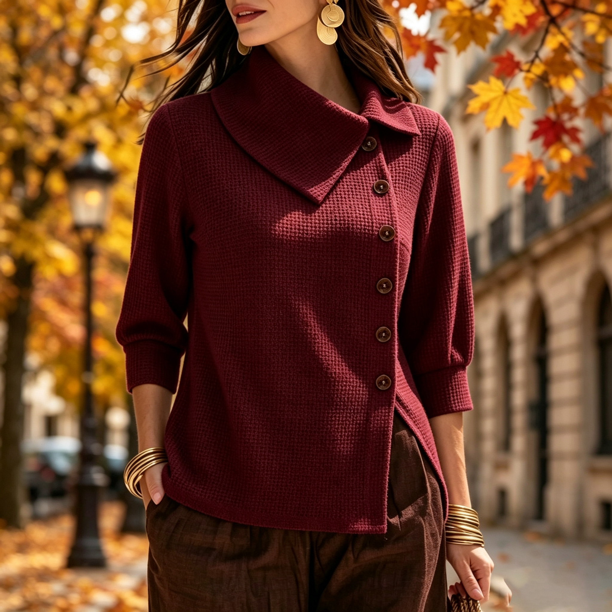 Women's waffle-knit collared, diagonal button-down, three-quarter sleeve top