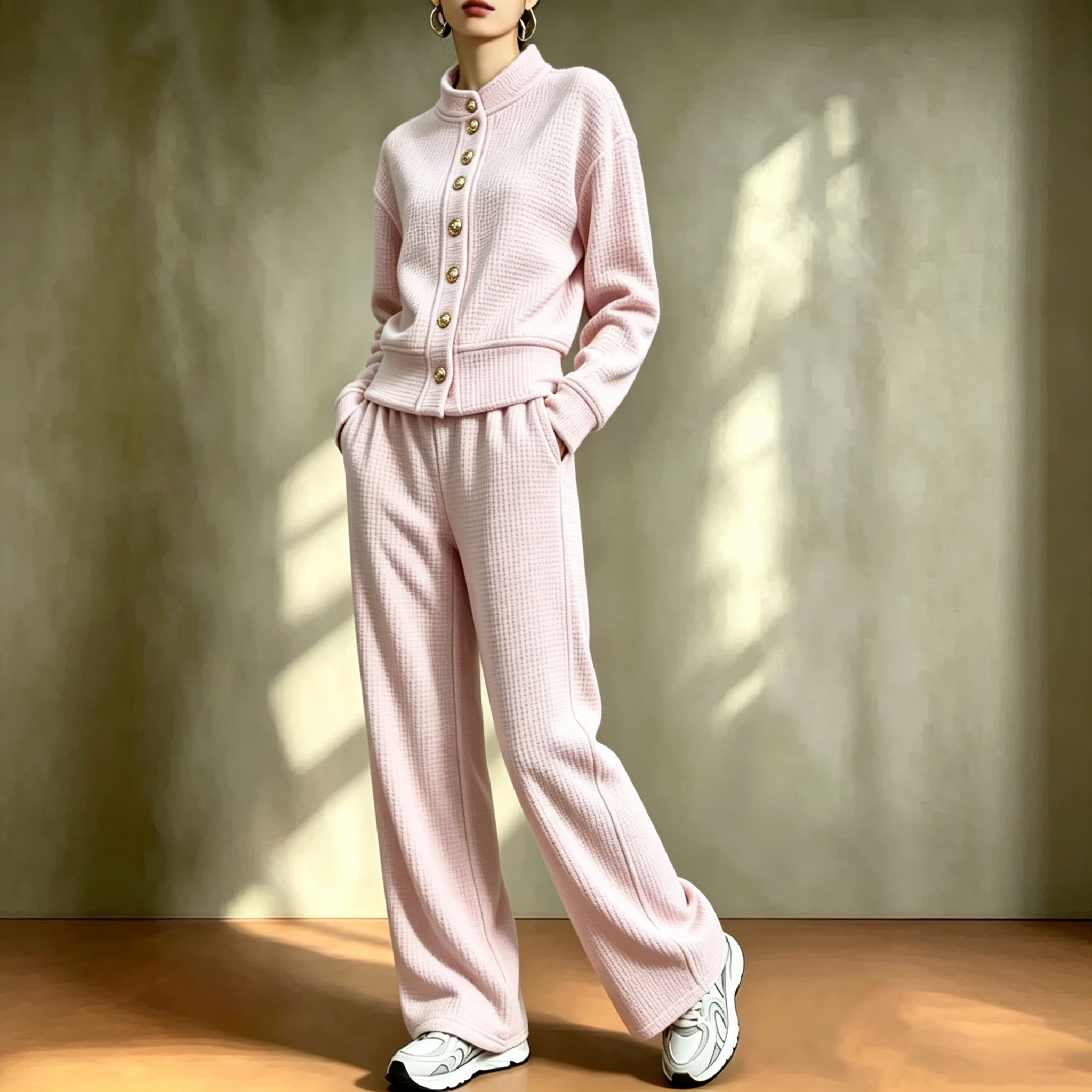 Waffle stand-up collar gold button loose wide-leg casual pants suit