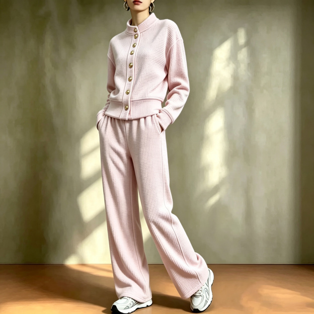 Waffle stand-up collar gold button loose wide-leg casual pants suit
