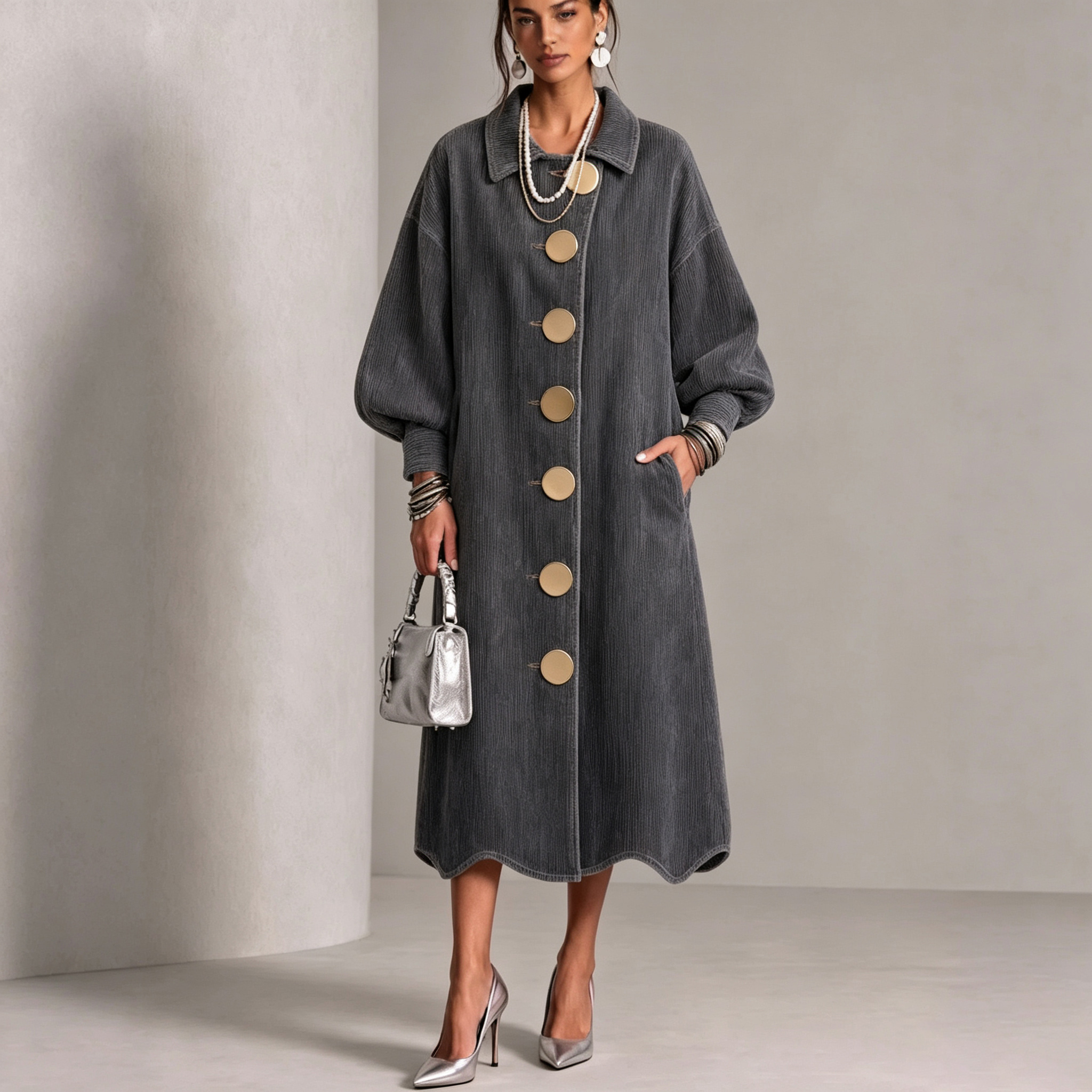 Lapel Gold‑button Balloon‑sleeve Wave‑hem Denim Dress