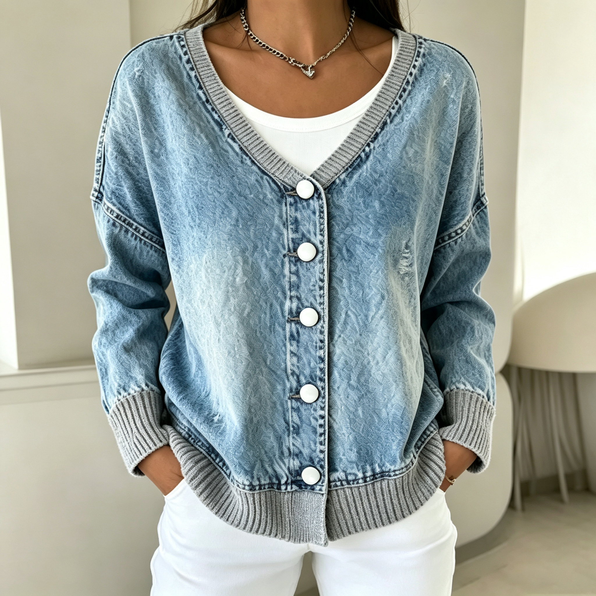 V-neck single-breasted denim cardigan with patchwork sweater trim