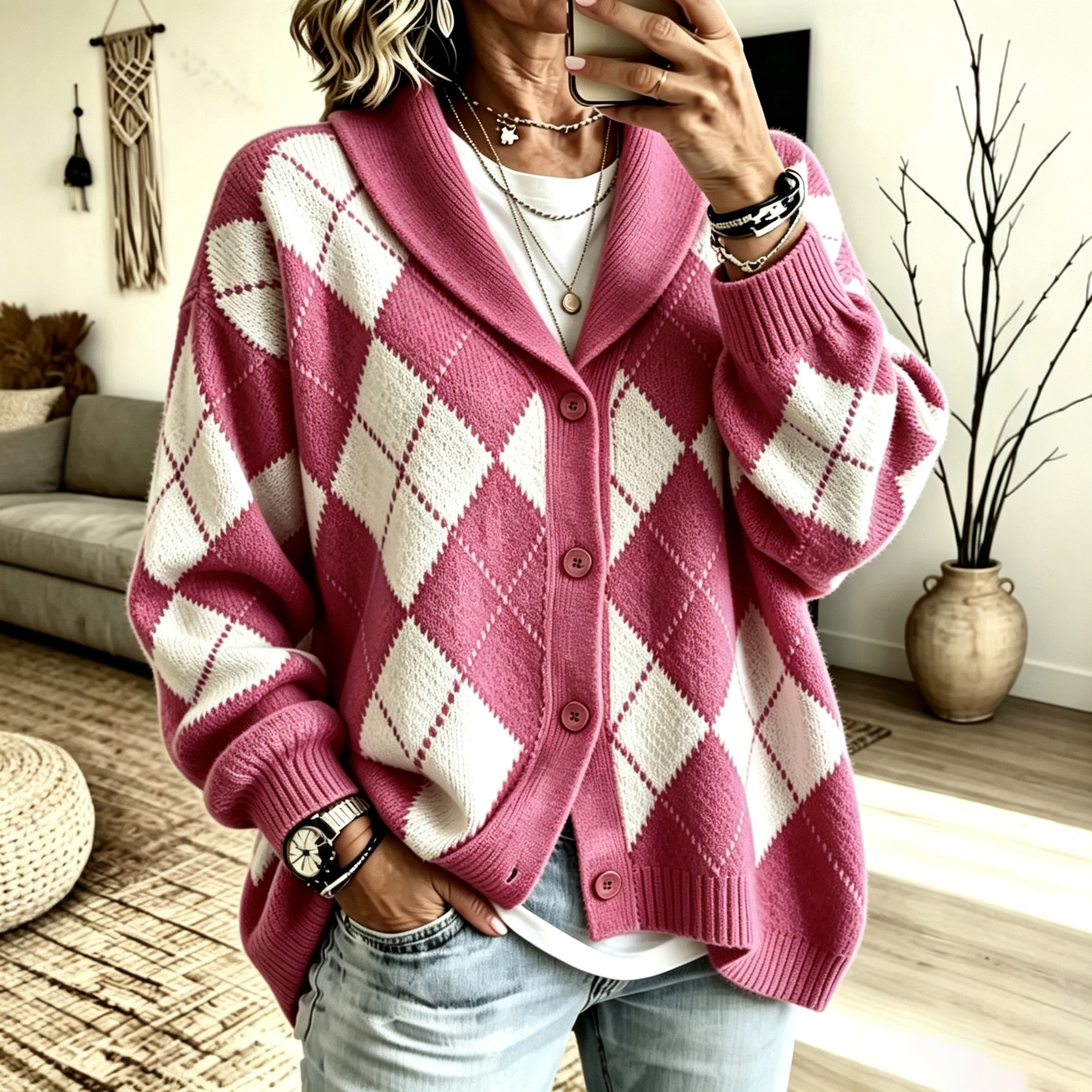 Women's suit collar diamond check button cardigan