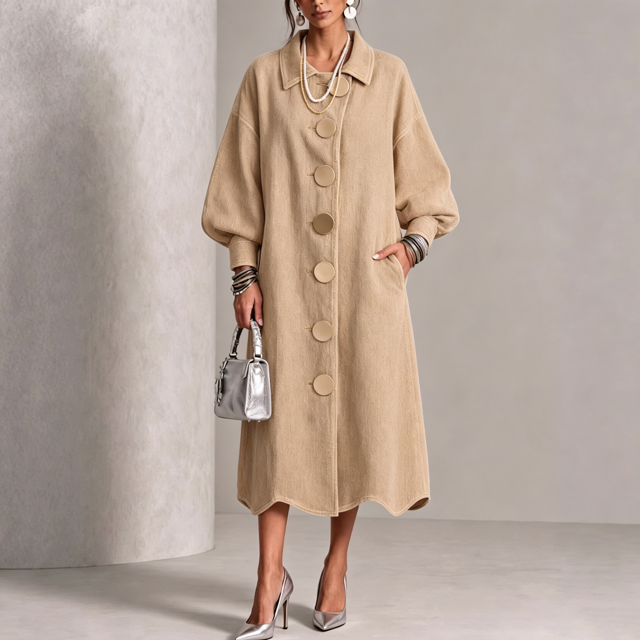 Lapel Gold‑button Balloon‑sleeve Wave‑hem Denim Dress