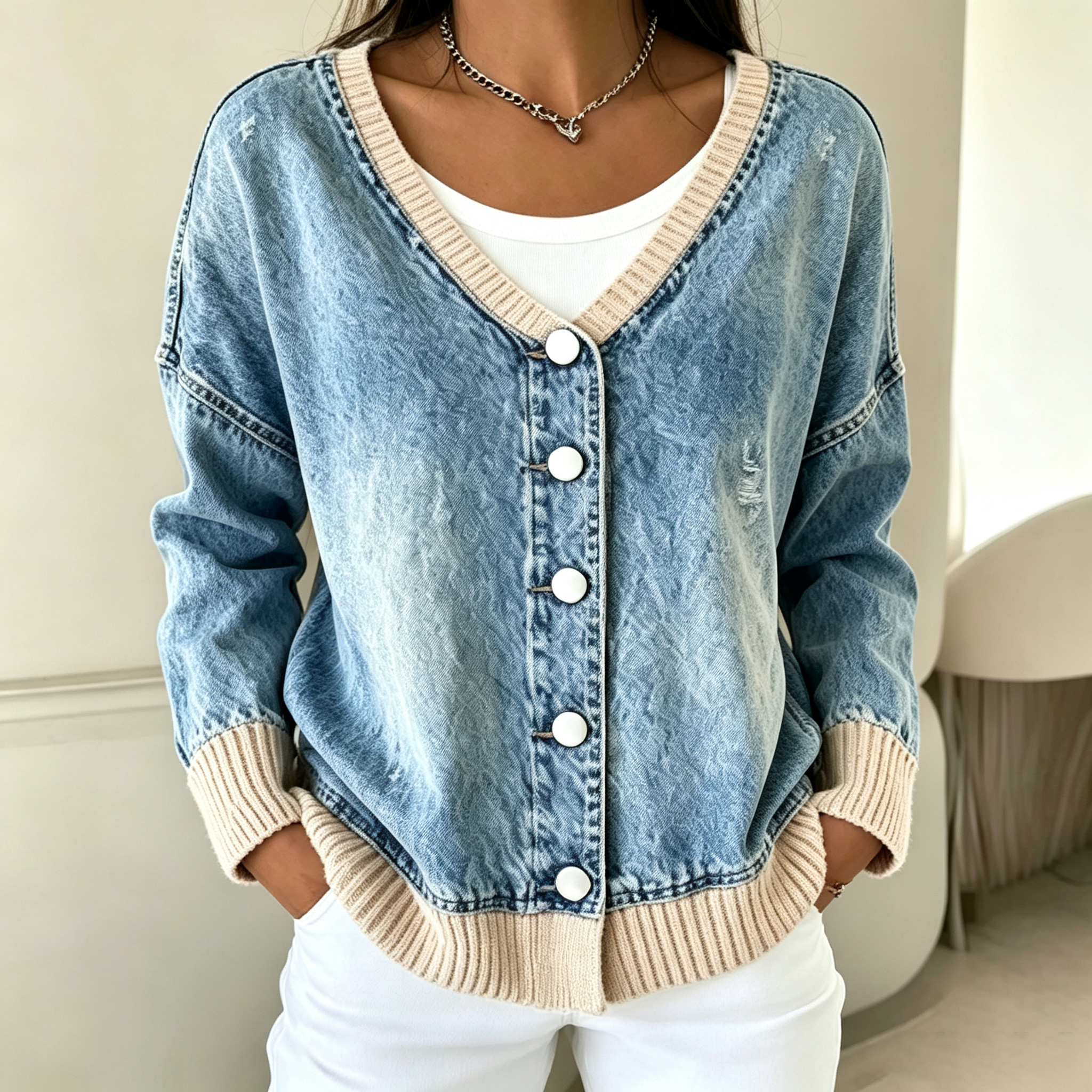 V-neck single-breasted denim cardigan with patchwork sweater trim