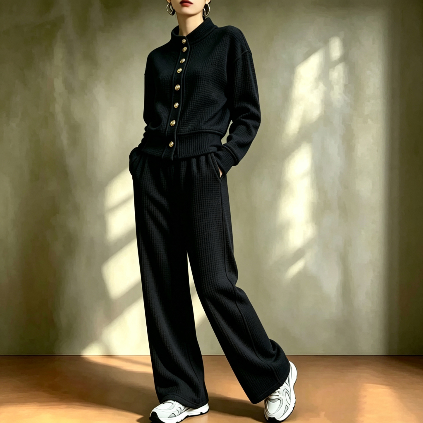 Waffle stand-up collar gold button loose wide-leg casual pants suit