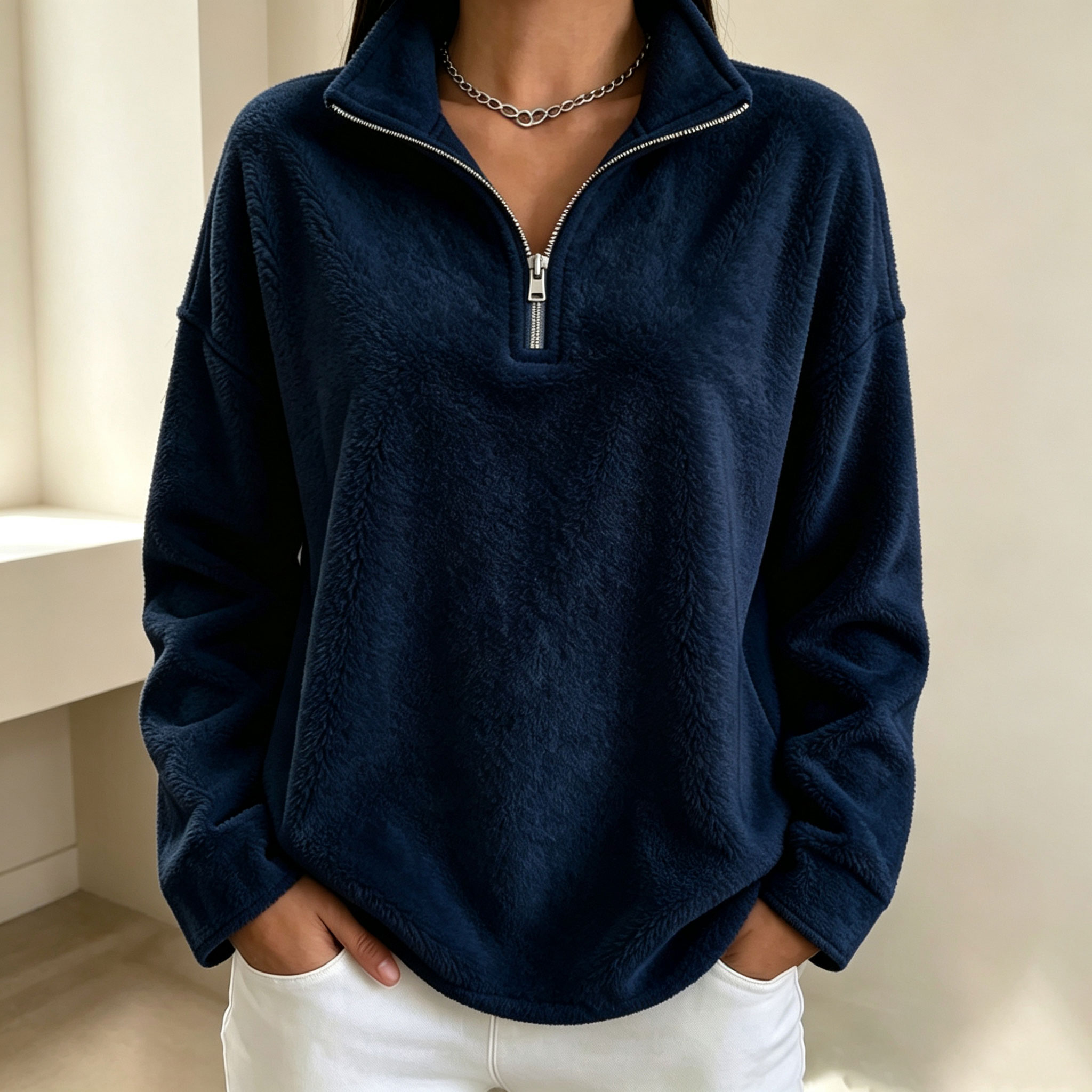 Women's half-zip fleece pullover sweatshirt, suitable for autumn and winter wear.