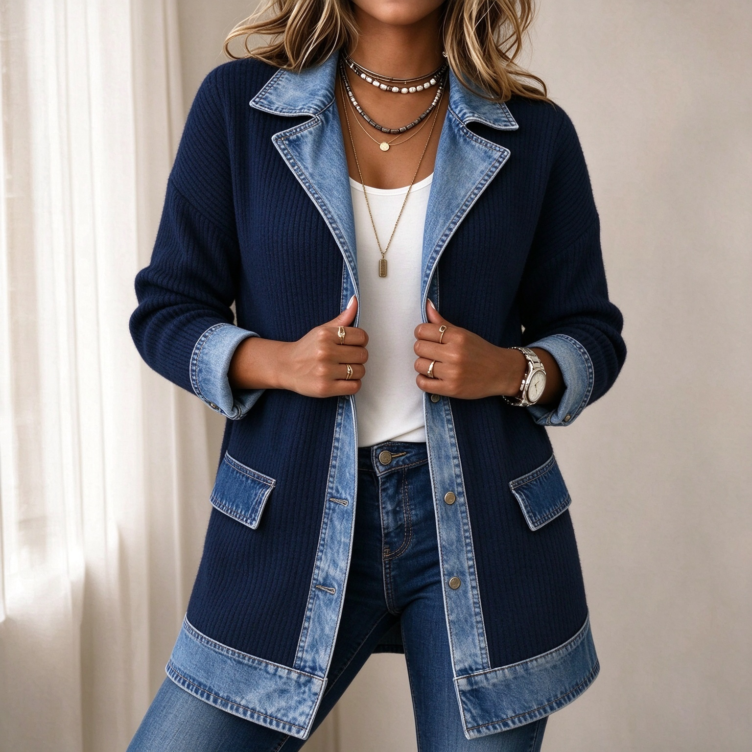 Elegant Mixed Media Denim Knit Cardigan Open Front Lapel Sweater Coat Mid Length Comfort Fit Outerwear