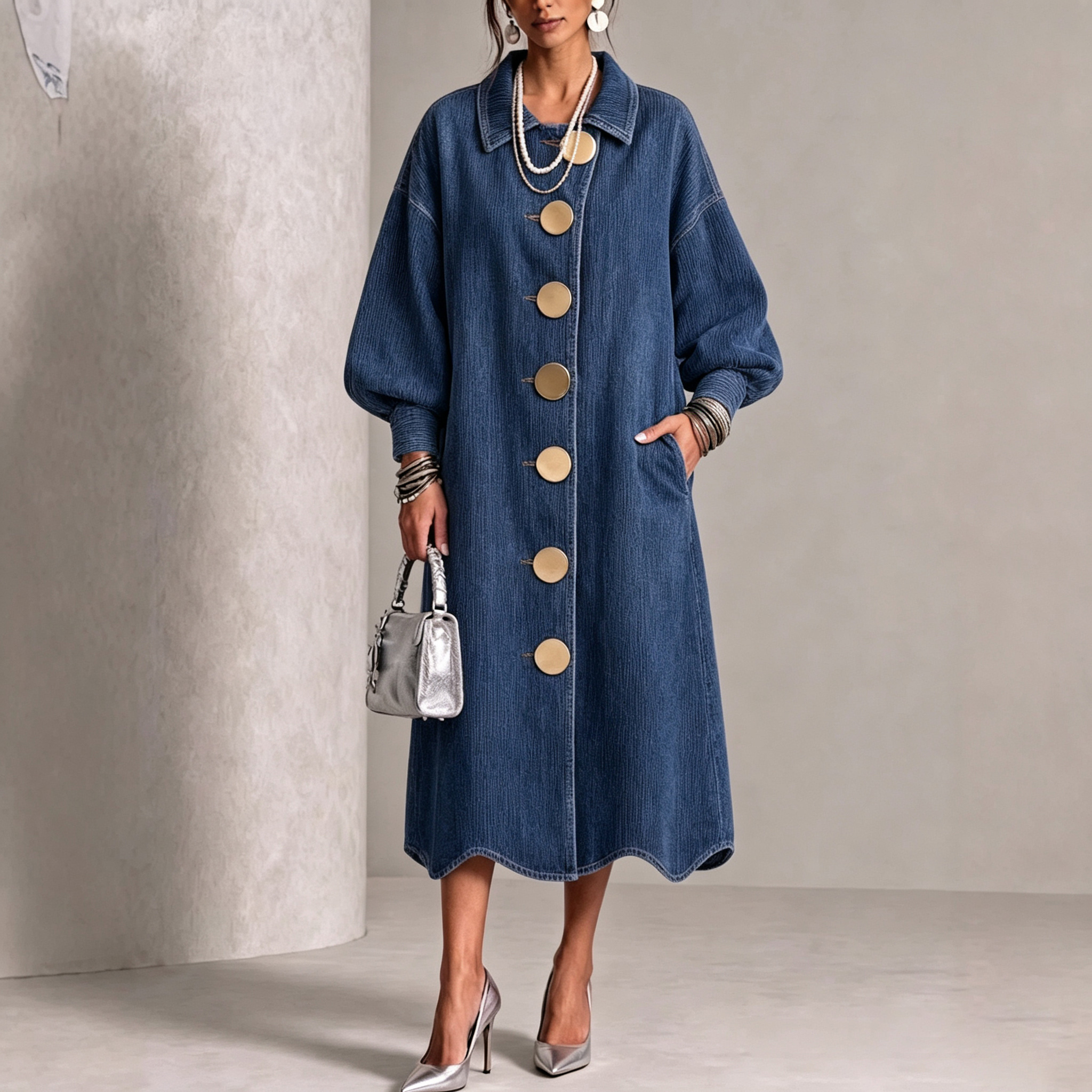 Lapel Gold‑button Balloon‑sleeve Wave‑hem Denim Dress
