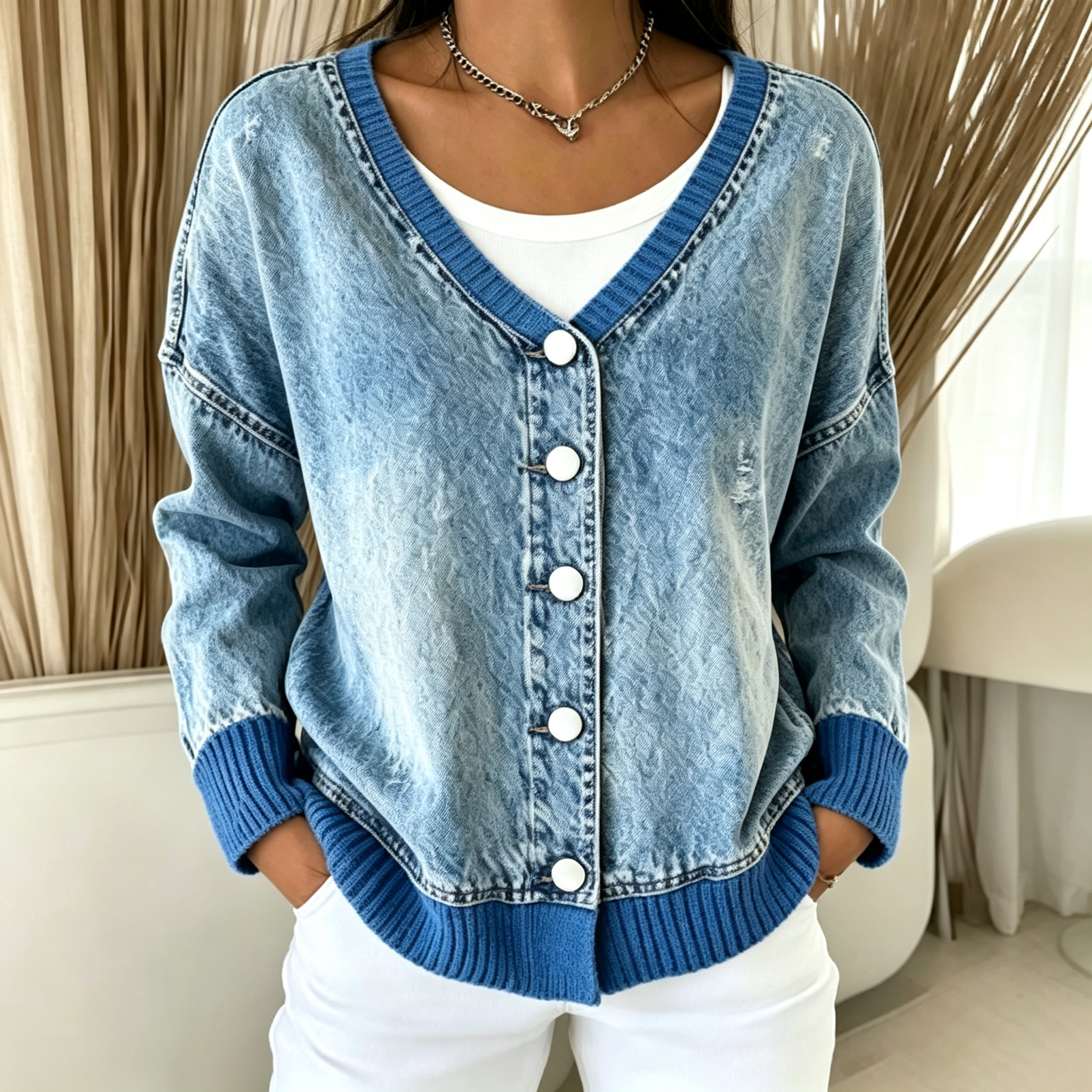 V-neck single-breasted denim cardigan with patchwork sweater trim