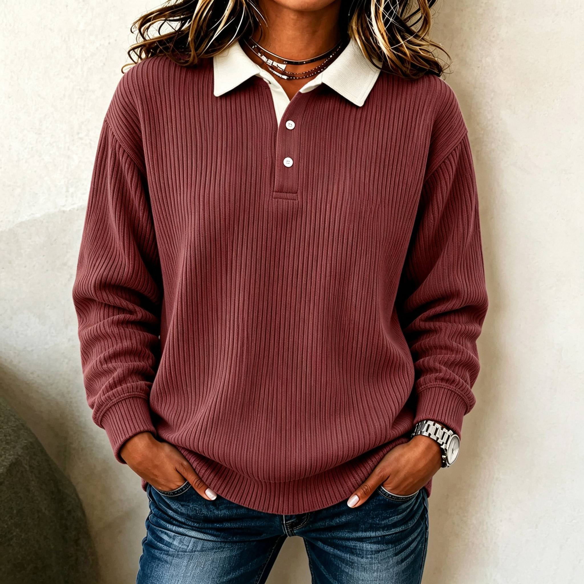 Women's long-sleeved top with ribbed collar