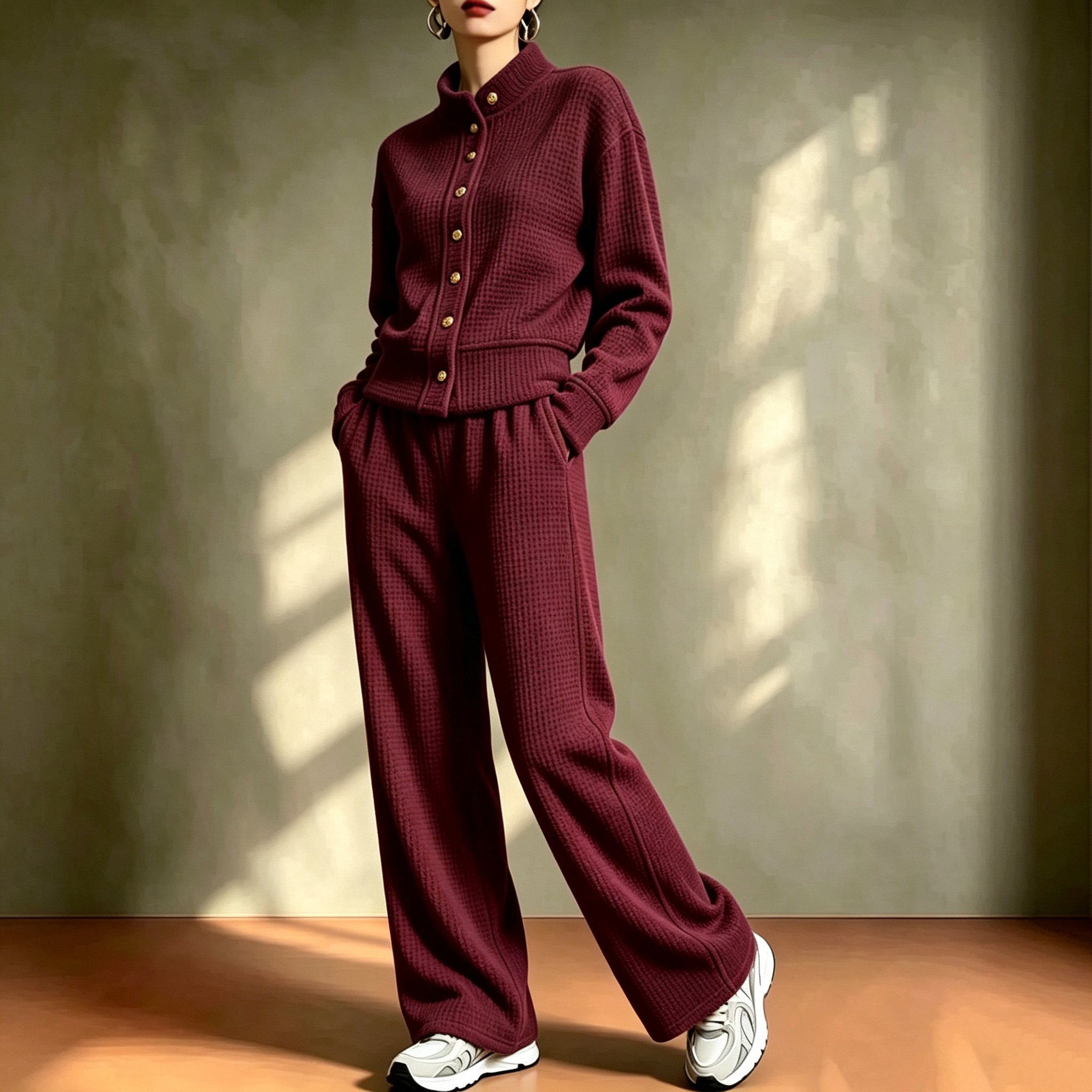 Waffle stand-up collar gold button loose wide-leg casual pants suit