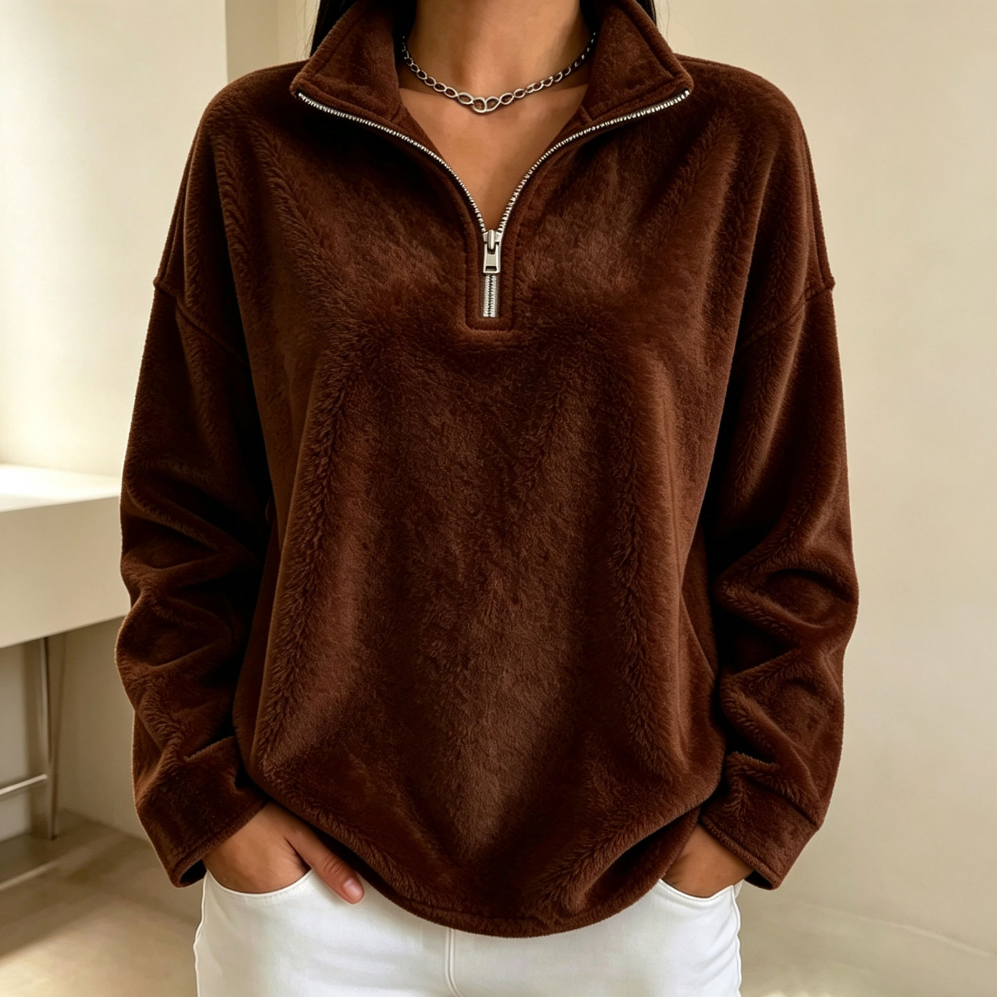 Women's half-zip fleece pullover sweatshirt, suitable for autumn and winter wear.