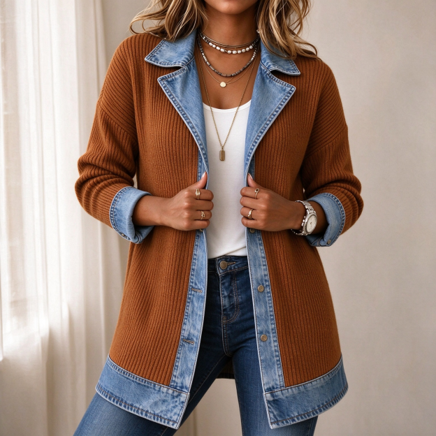 Elegant Mixed Media Denim Knit Cardigan Open Front Lapel Sweater Coat Mid Length Comfort Fit Outerwear