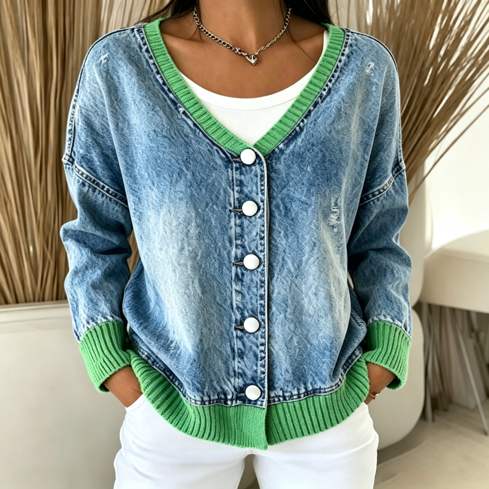 V-neck single-breasted denim cardigan with patchwork sweater trim