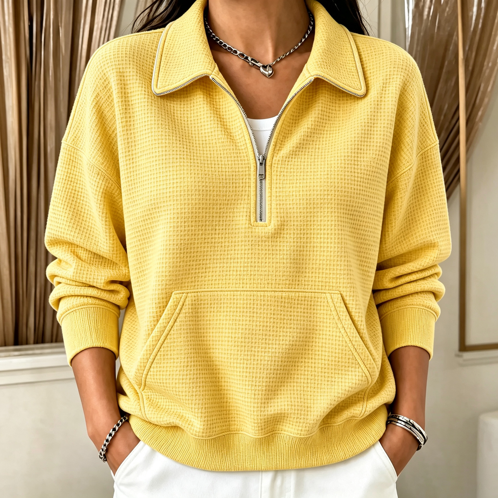 Women's polo collar button pocket loose casual pullover top