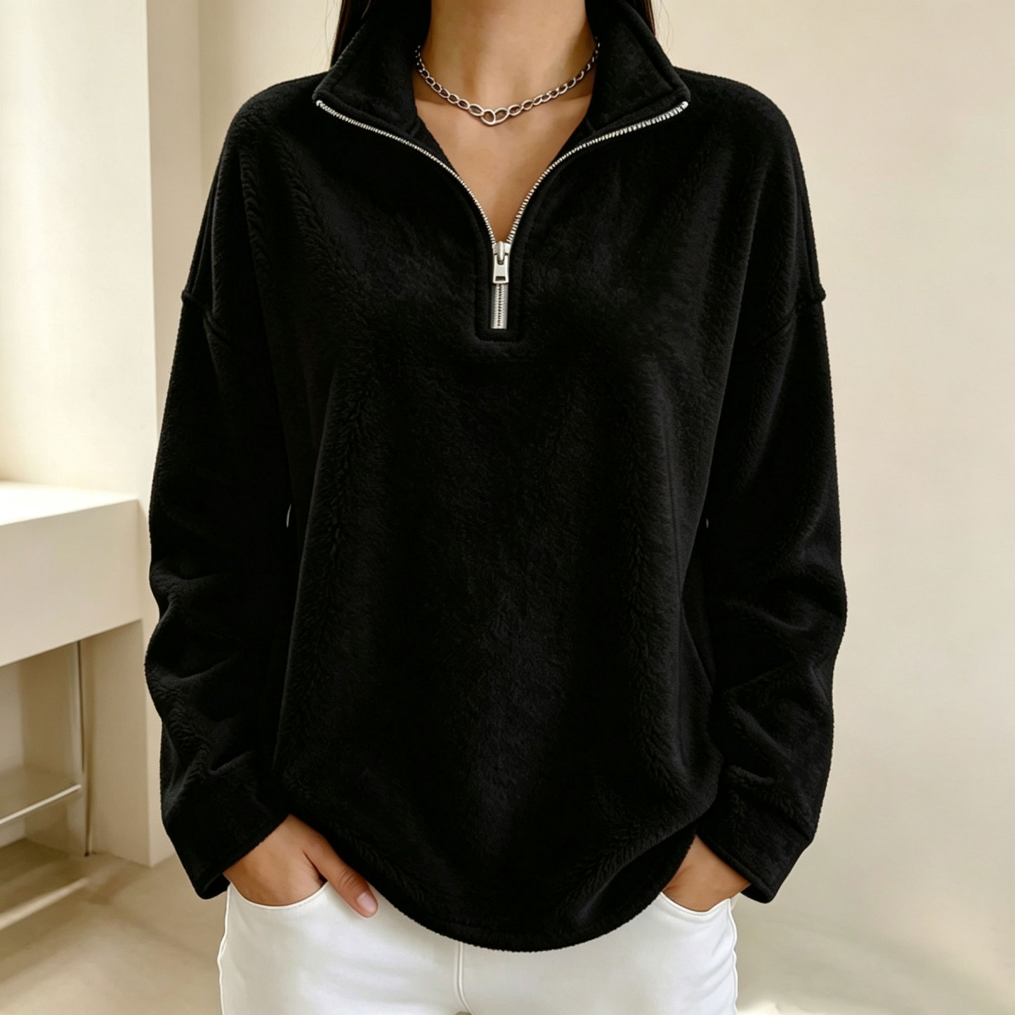 Women's half-zip fleece pullover sweatshirt, suitable for autumn and winter wear.