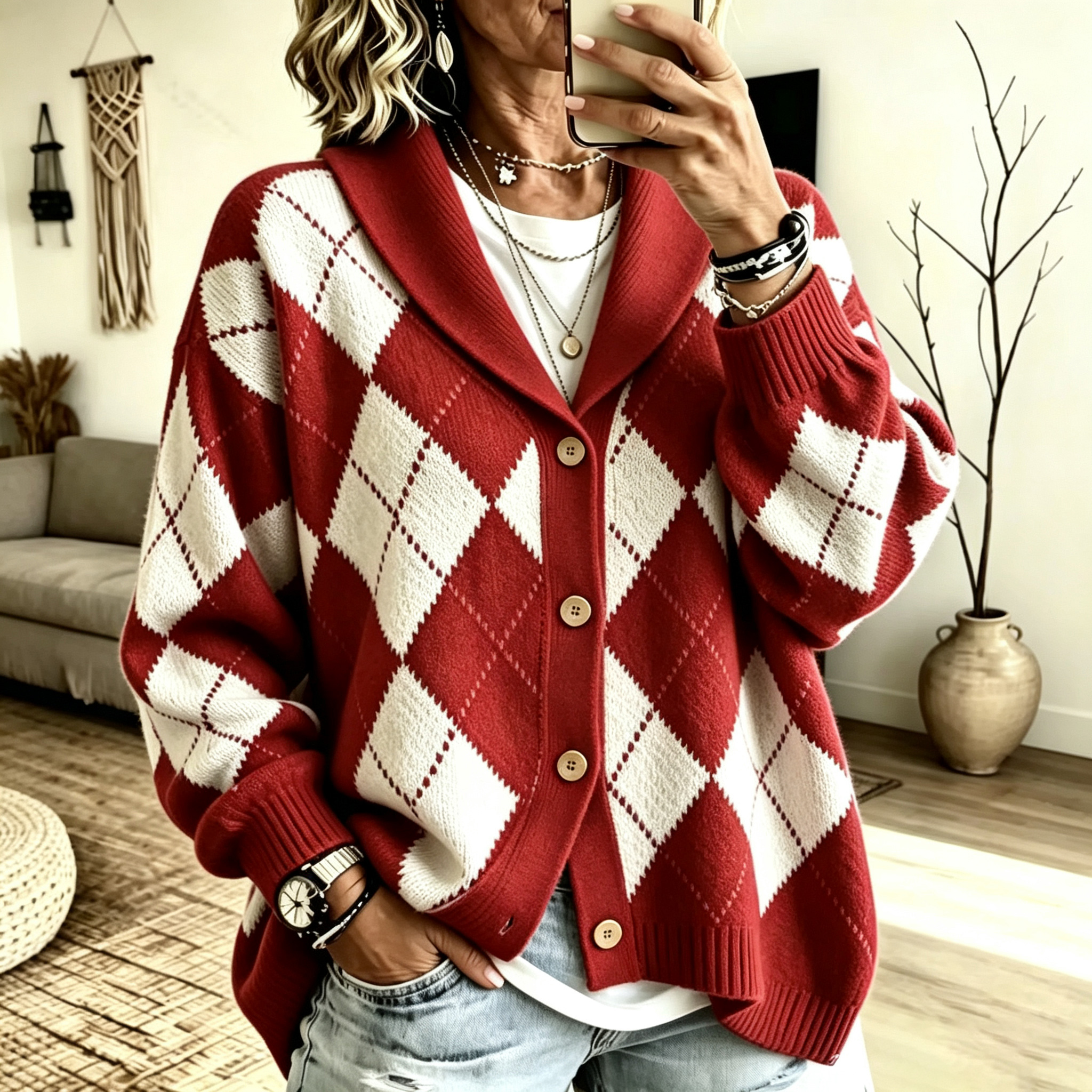 Women's suit collar diamond check button cardigan