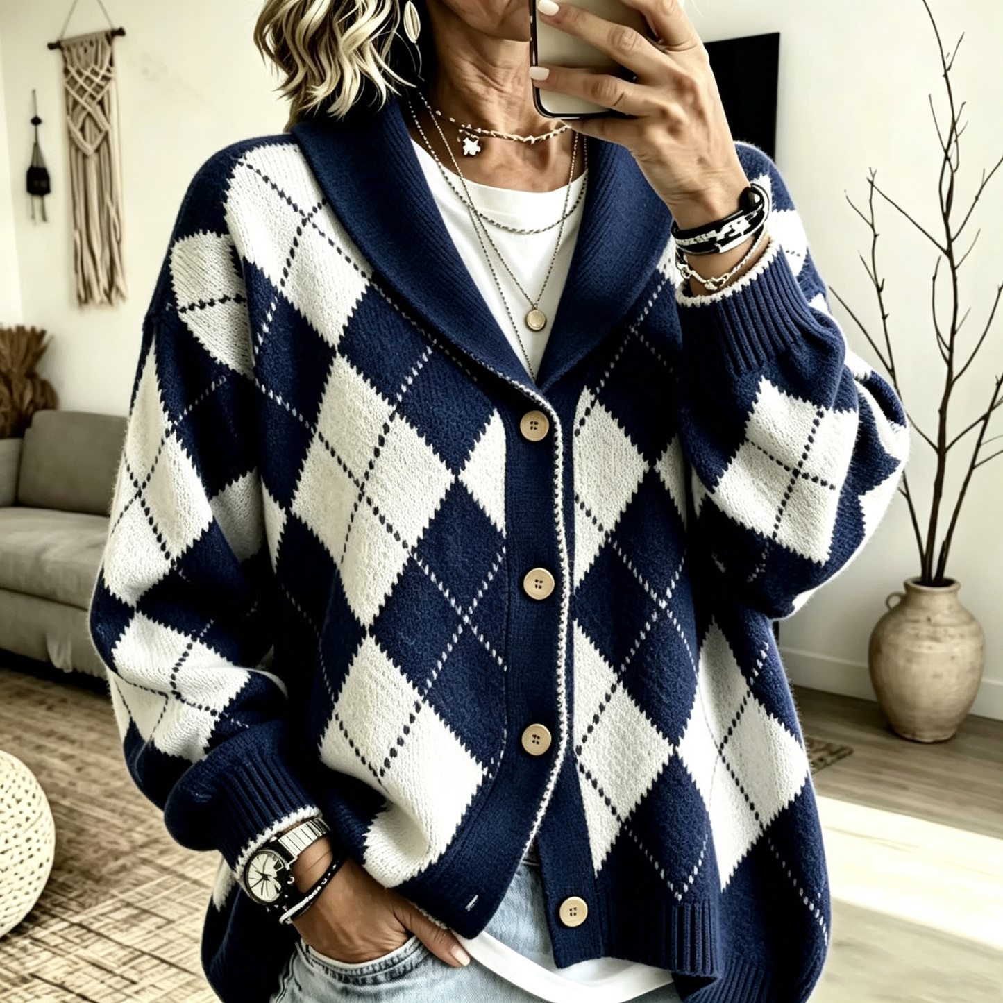 Women's suit collar diamond check button cardigan